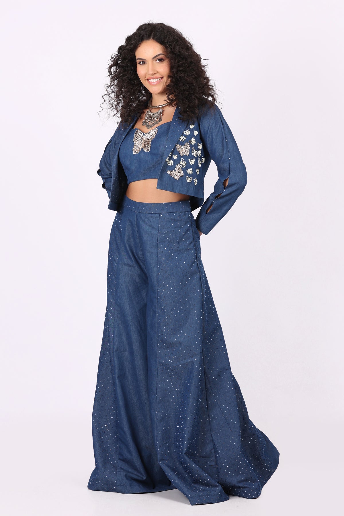 Jacket with Bustier and Flared Palazzo Set with Dori Kadai and Bead Work