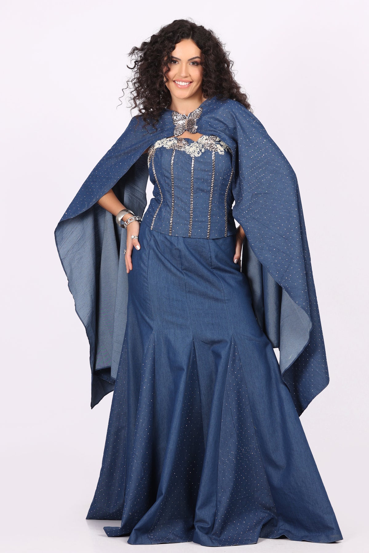 Embroidered Corset with Flared Fish-Cut Skirt in Diamond-Look Denim, Paired with Choker Dupatta