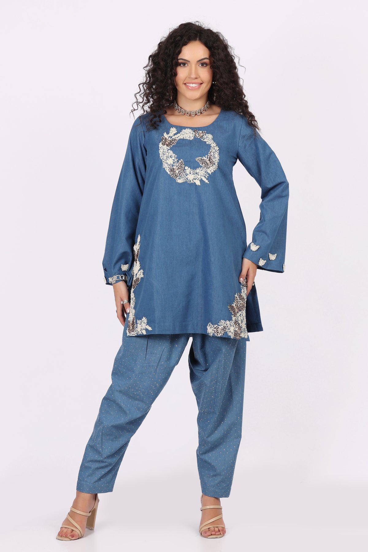 Denim Kurta & Salwar Set with Dori Kadai and Bead Work