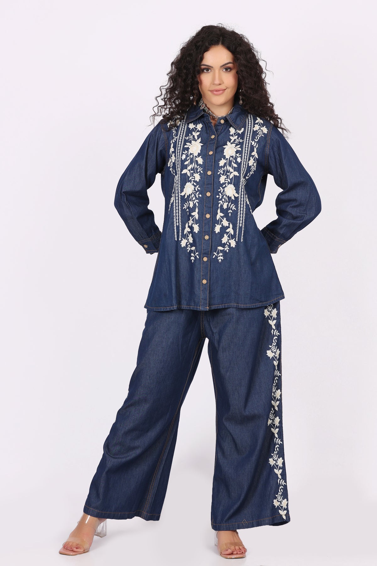 Indigo Embroidered Denim Look Set