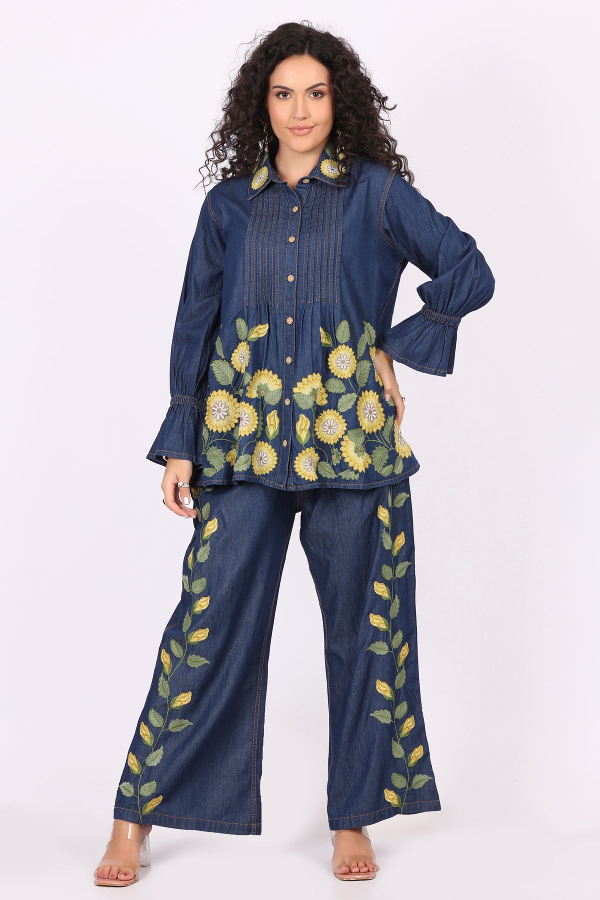 Front-button shirt with flared sleeves