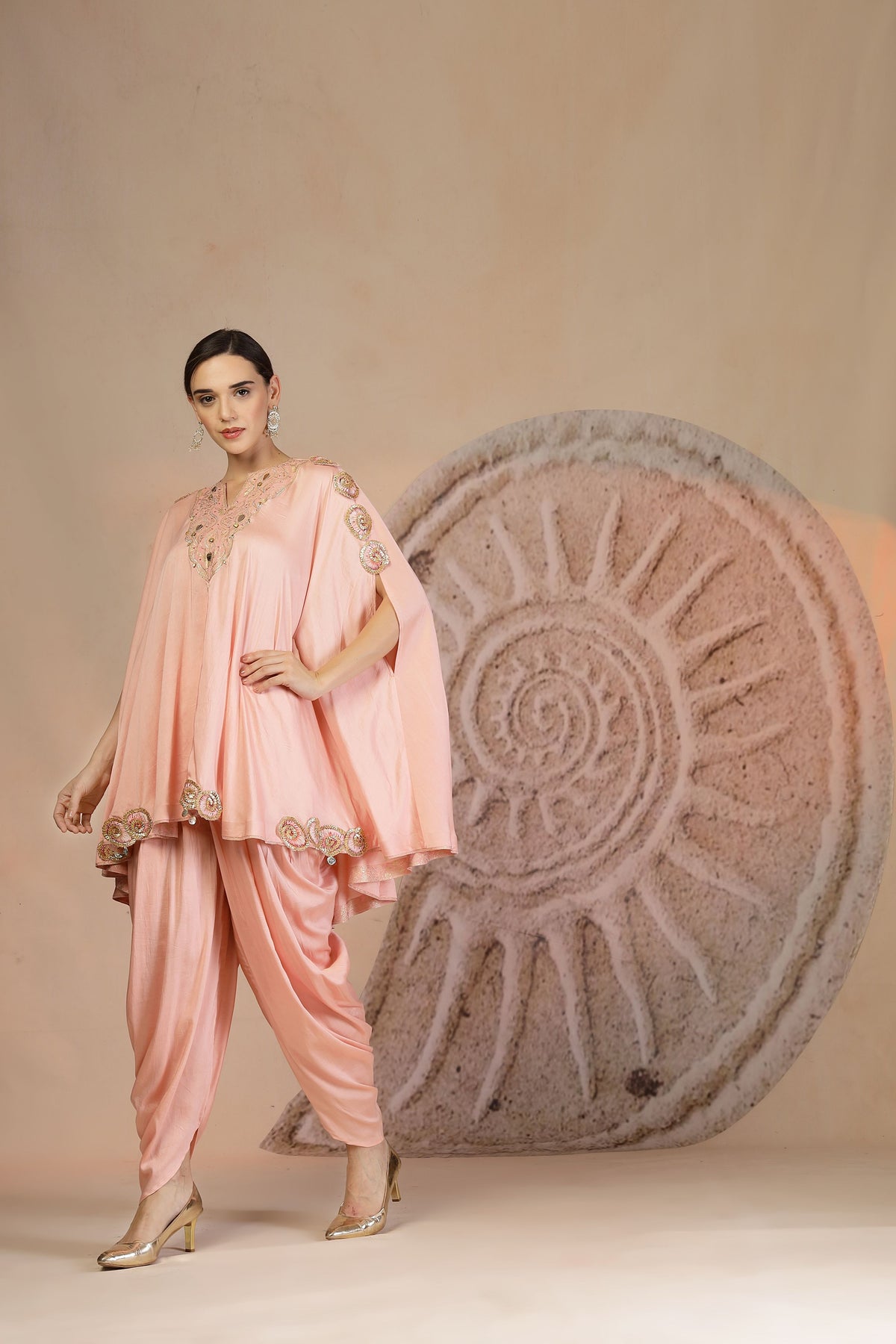 Powder Pink Silk Peplum Kurta Set with Tulip Pants & Leather Detailing