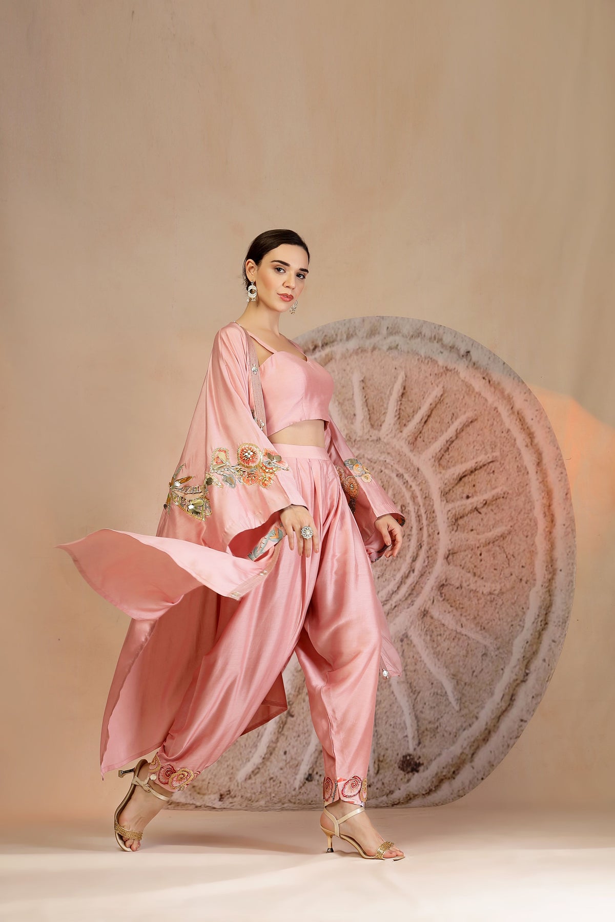 Powder Pink Structured Bustier Set with Embroidered Cape & Farshi Pants