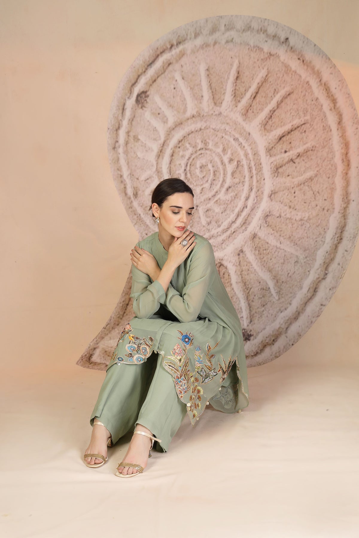 Embroidered Pista Green Indo-Western Set with Palazzo Pants