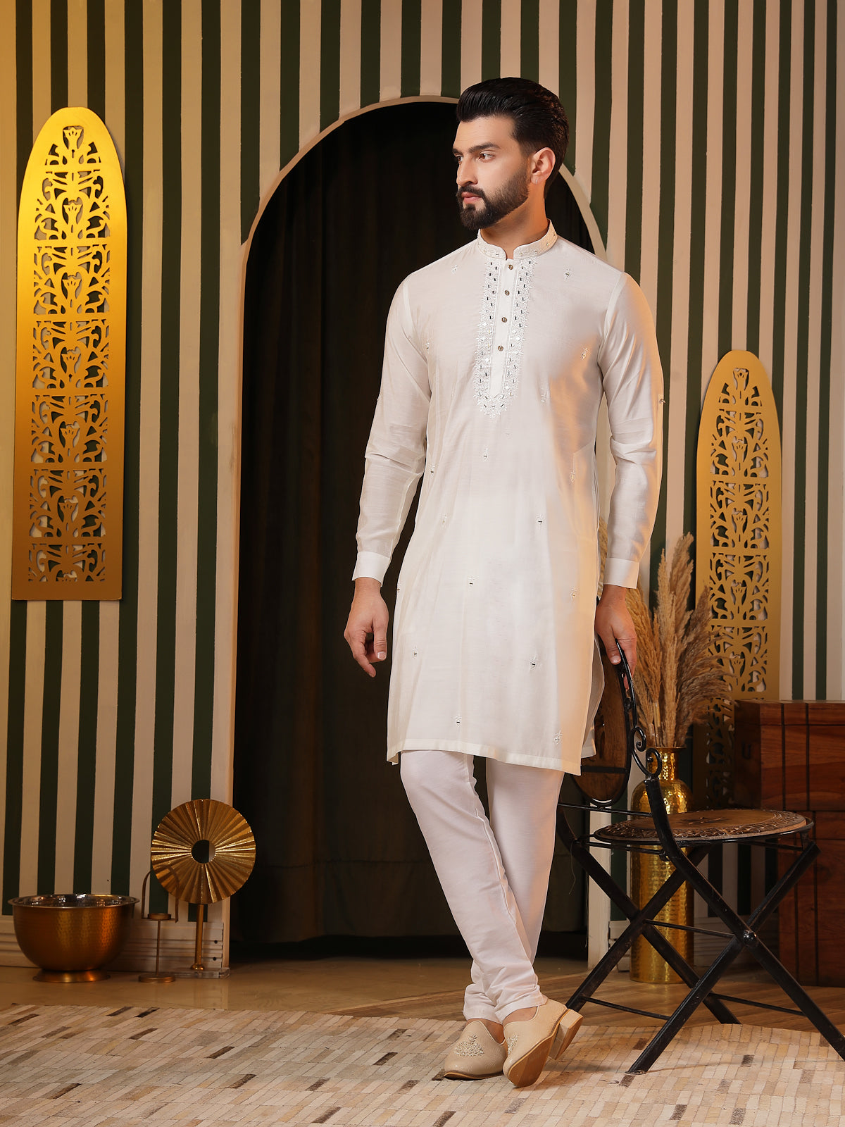 Elegant Off-White Embroidered Kurta Set for Men