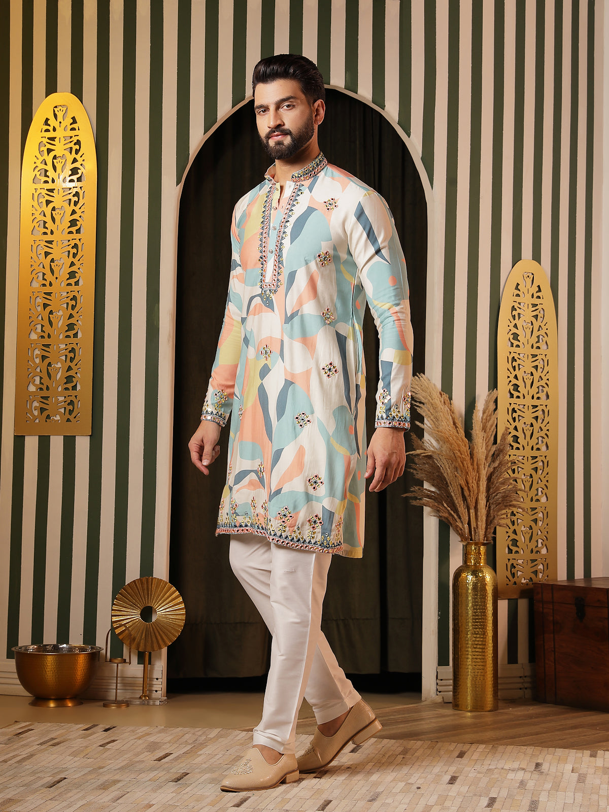 Pastel Printed Kurta Set with Mirror & Bead Embellishments