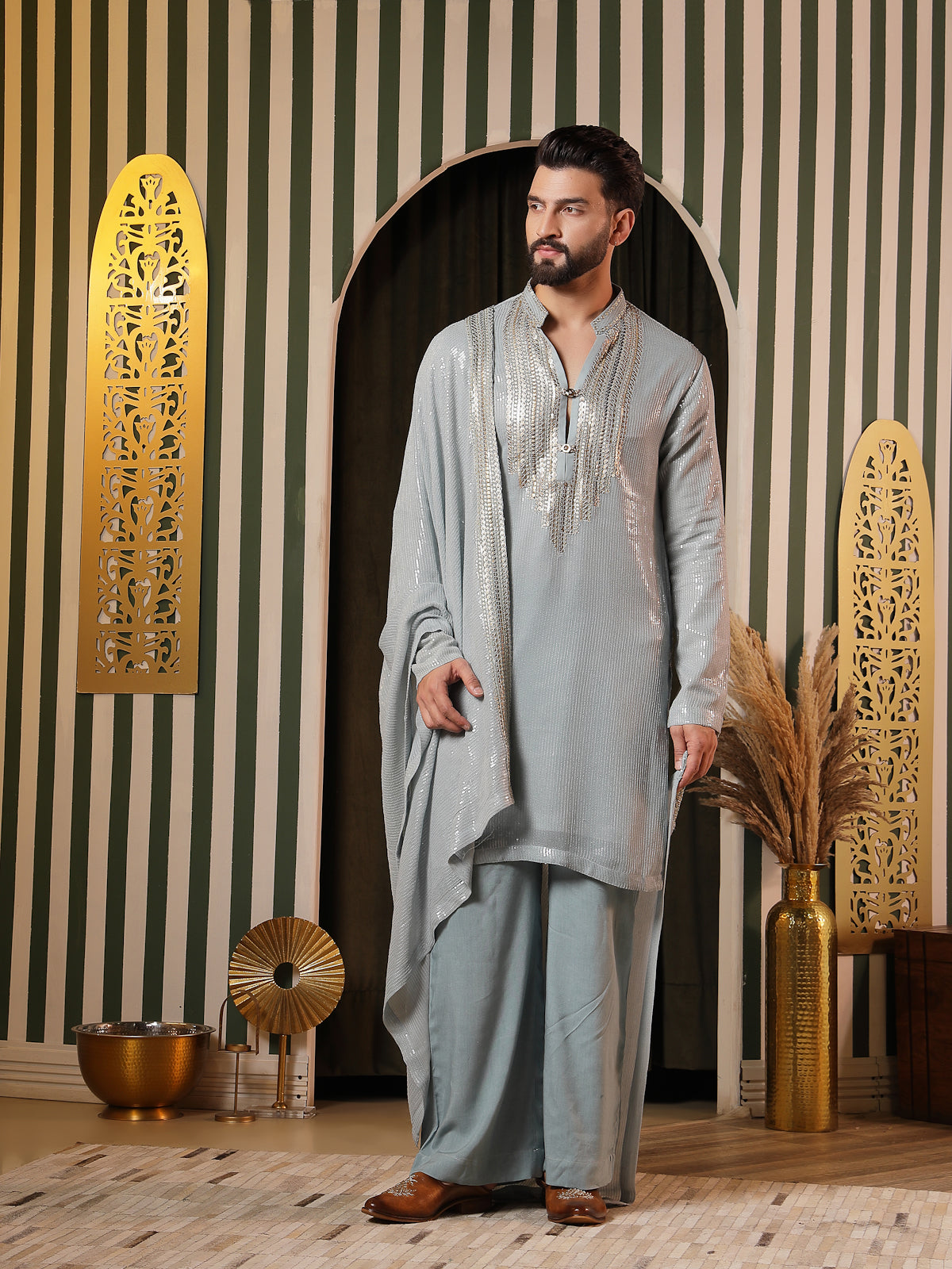 Ice-Blue Embroidered Kurta Set with Mirror & Sequin Detailing