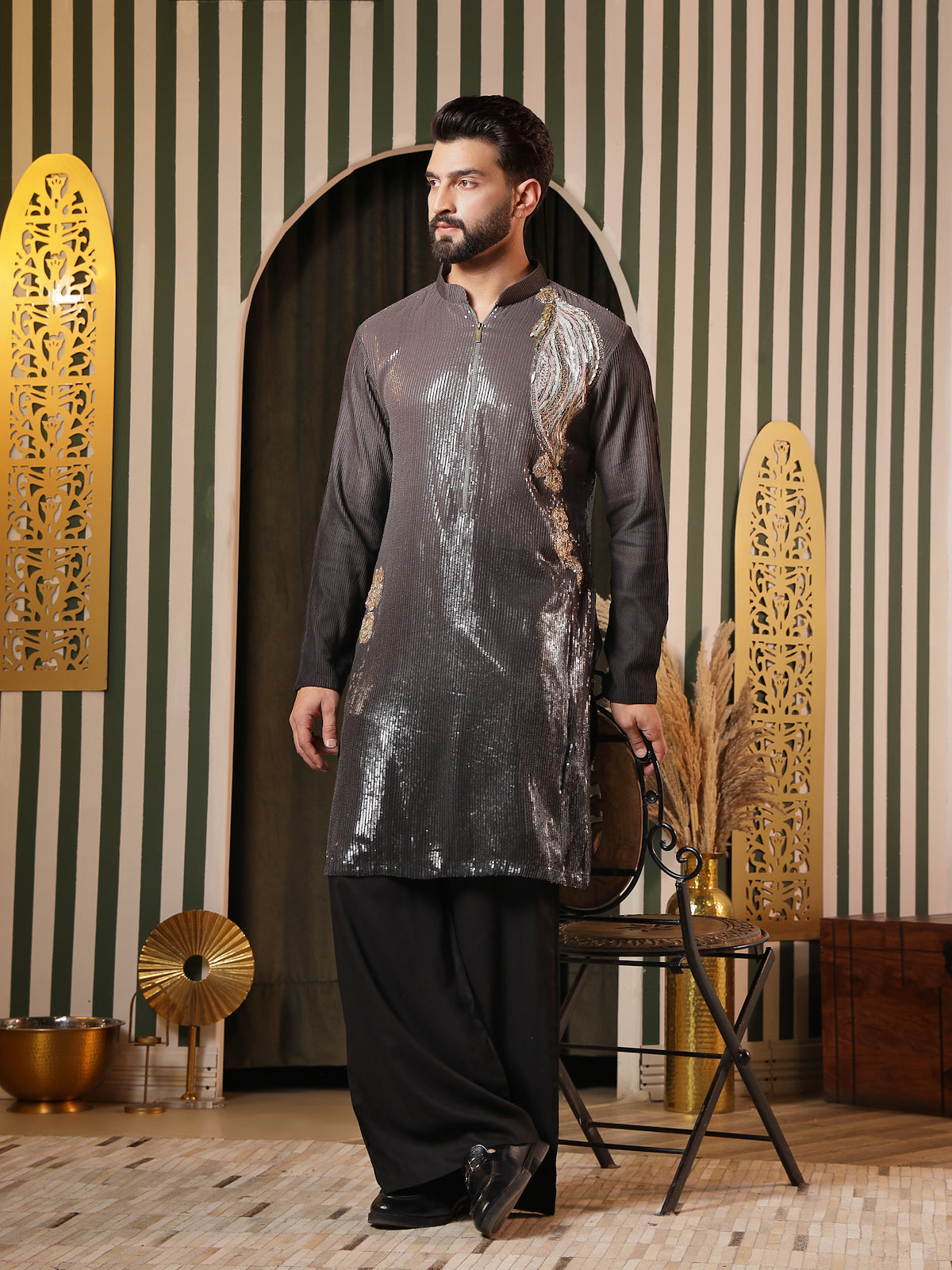 Black Sequin-Embroidered Kurta Set