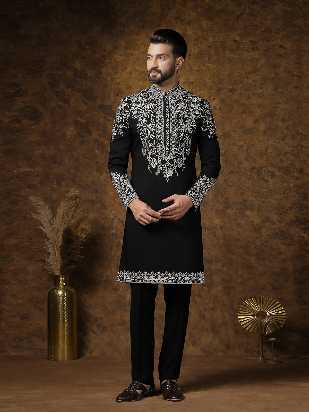 Black Indo-Western Kurta Set with Mughal Embroidery
