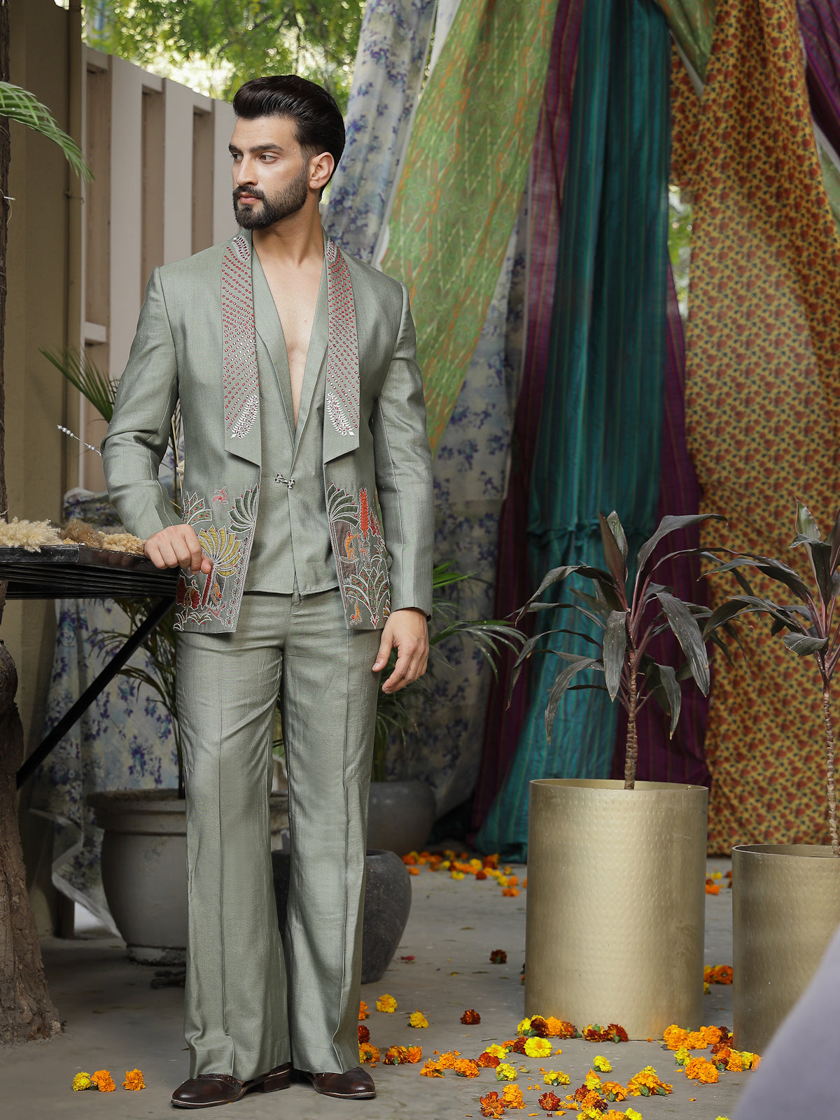 Sage Green Silk Blend Suit with Hand-Embroidered Details