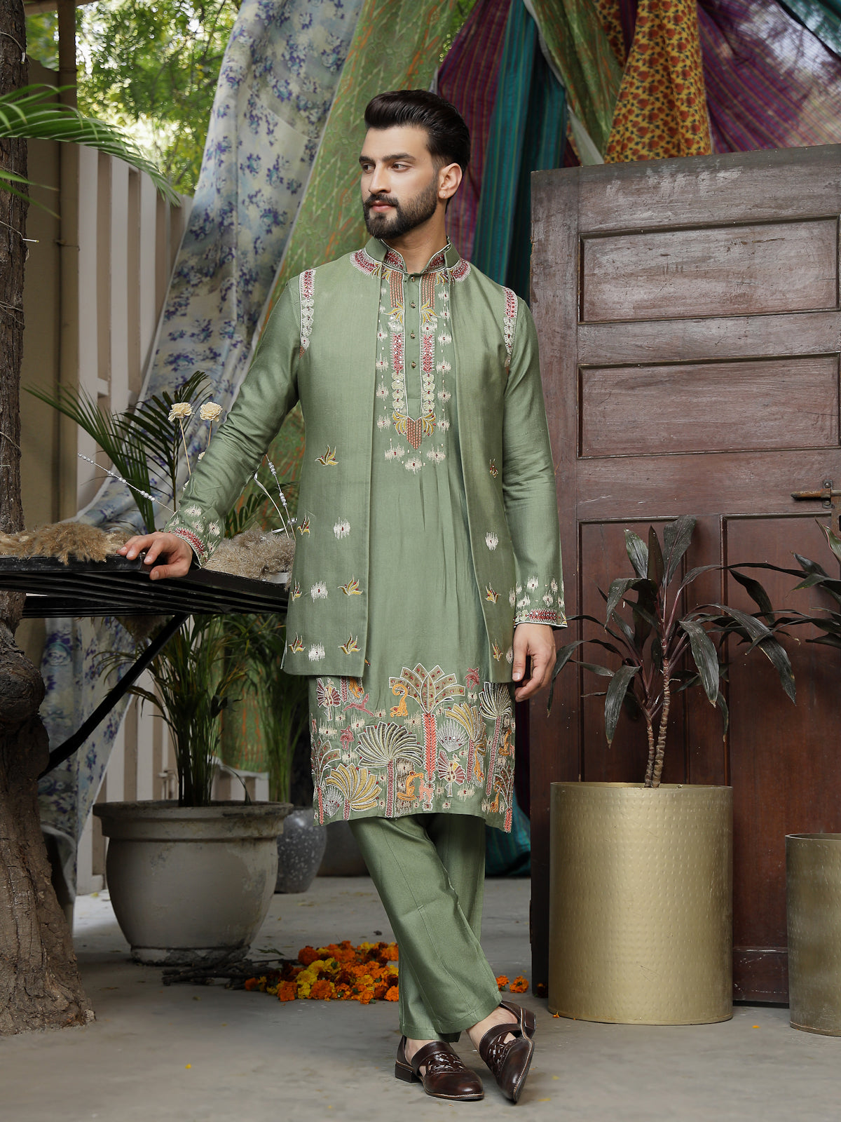Handcrafted Sage Green Kurta-Pajama Set with Exquisite Threadwork