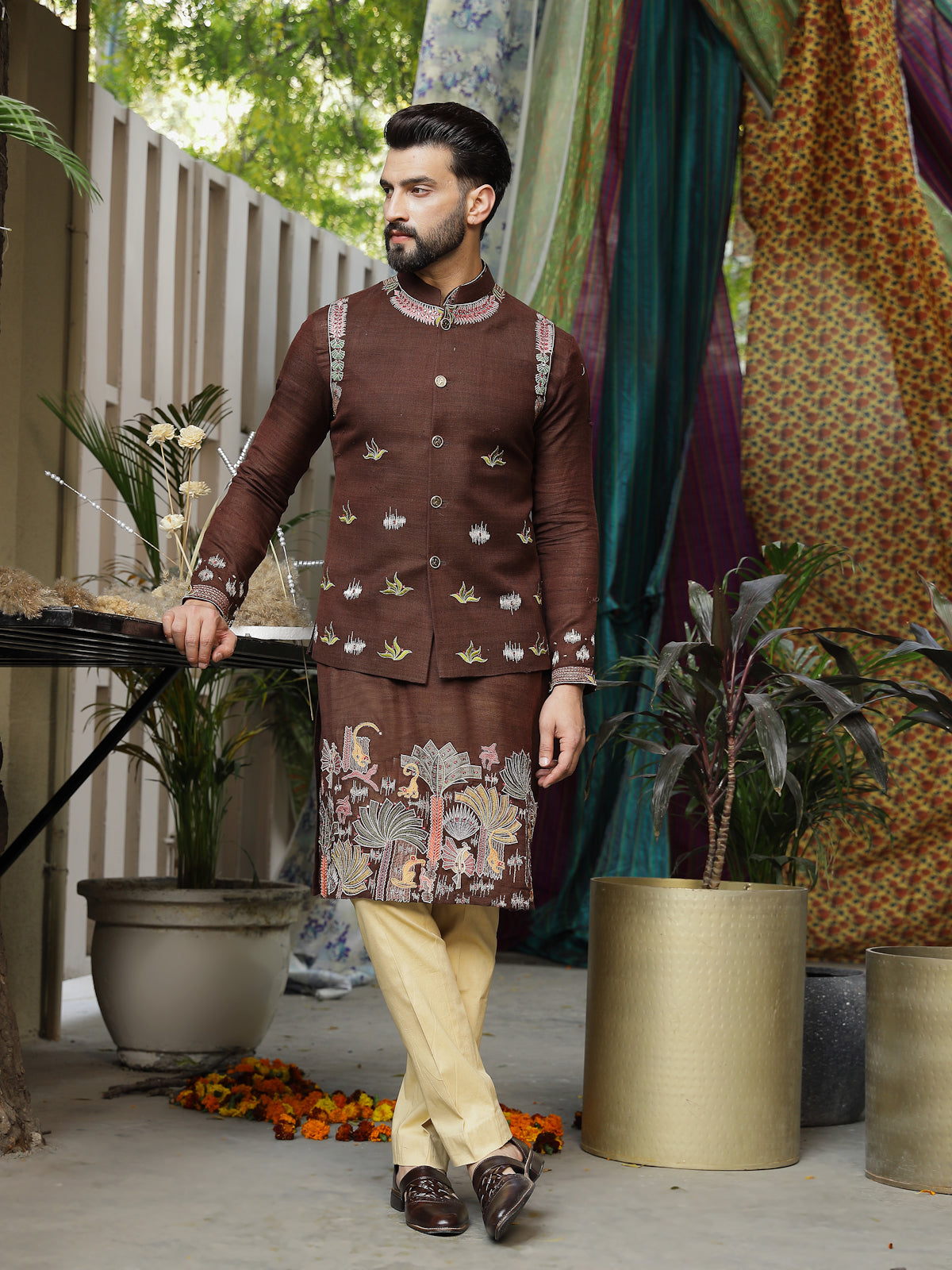 Earthy Brown Kurta Set with Intricate Embroidery