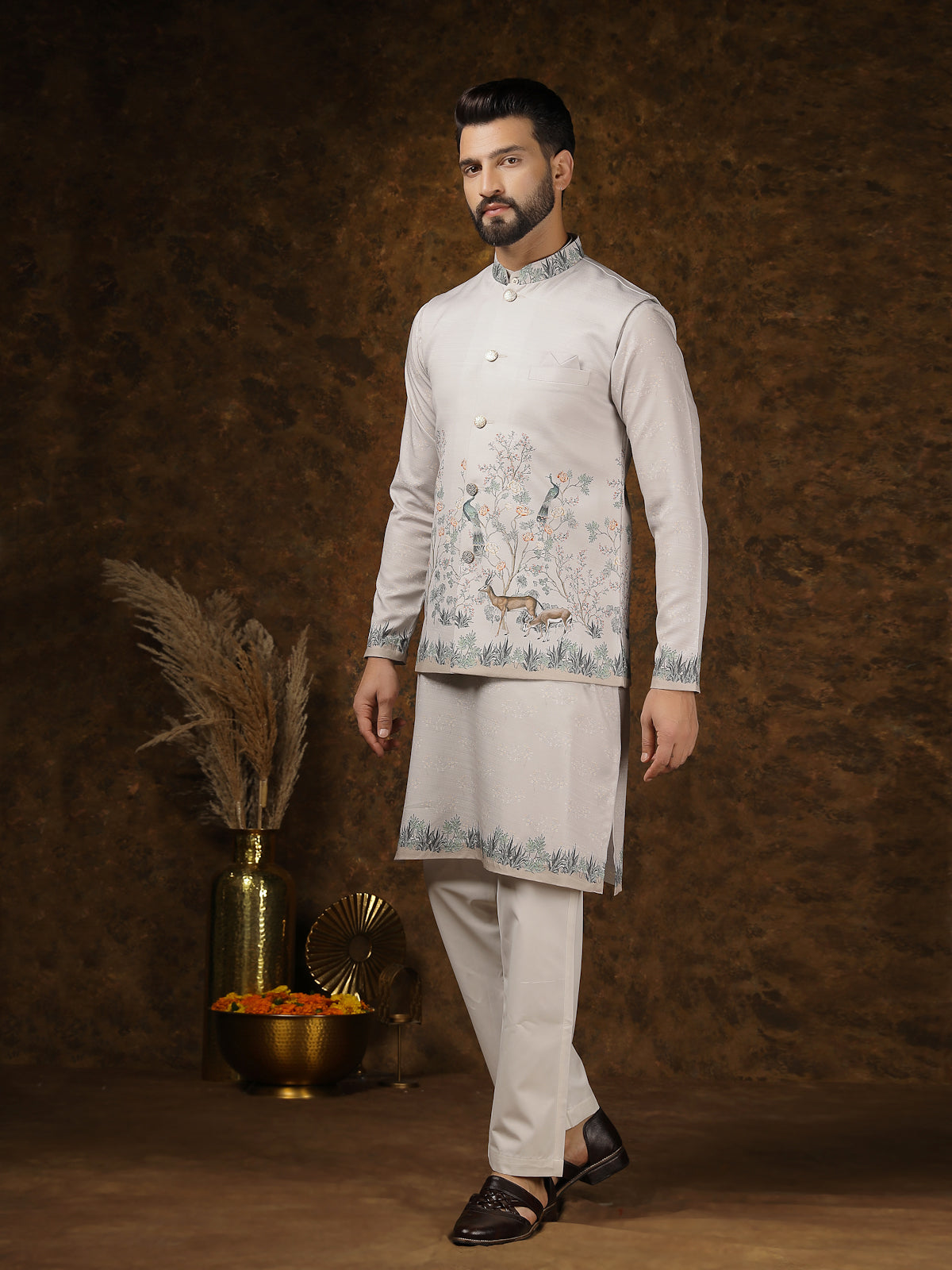 Ivory Sherwani with Hand-Embroidered Wildlife Motifs