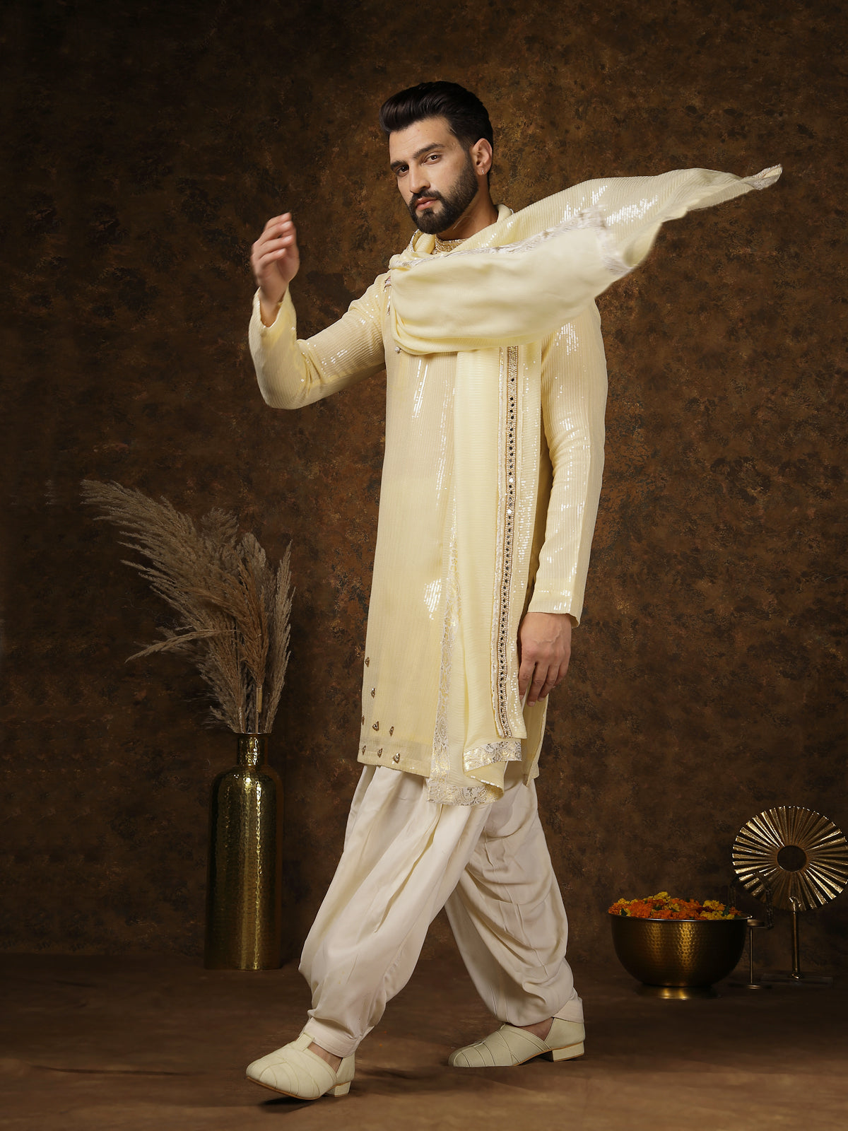 Pastel Yellow Kurta Set with Embellished Borders & Ivory Dhoti Salwar