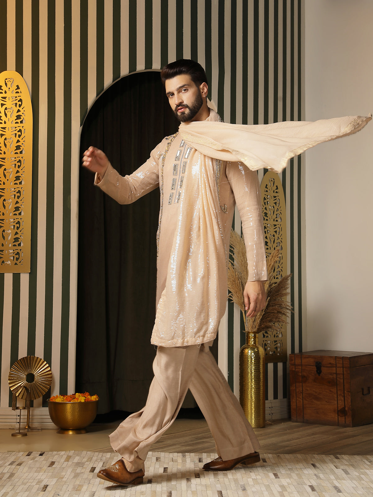 Ivory Beige Embroidered Kurta Set