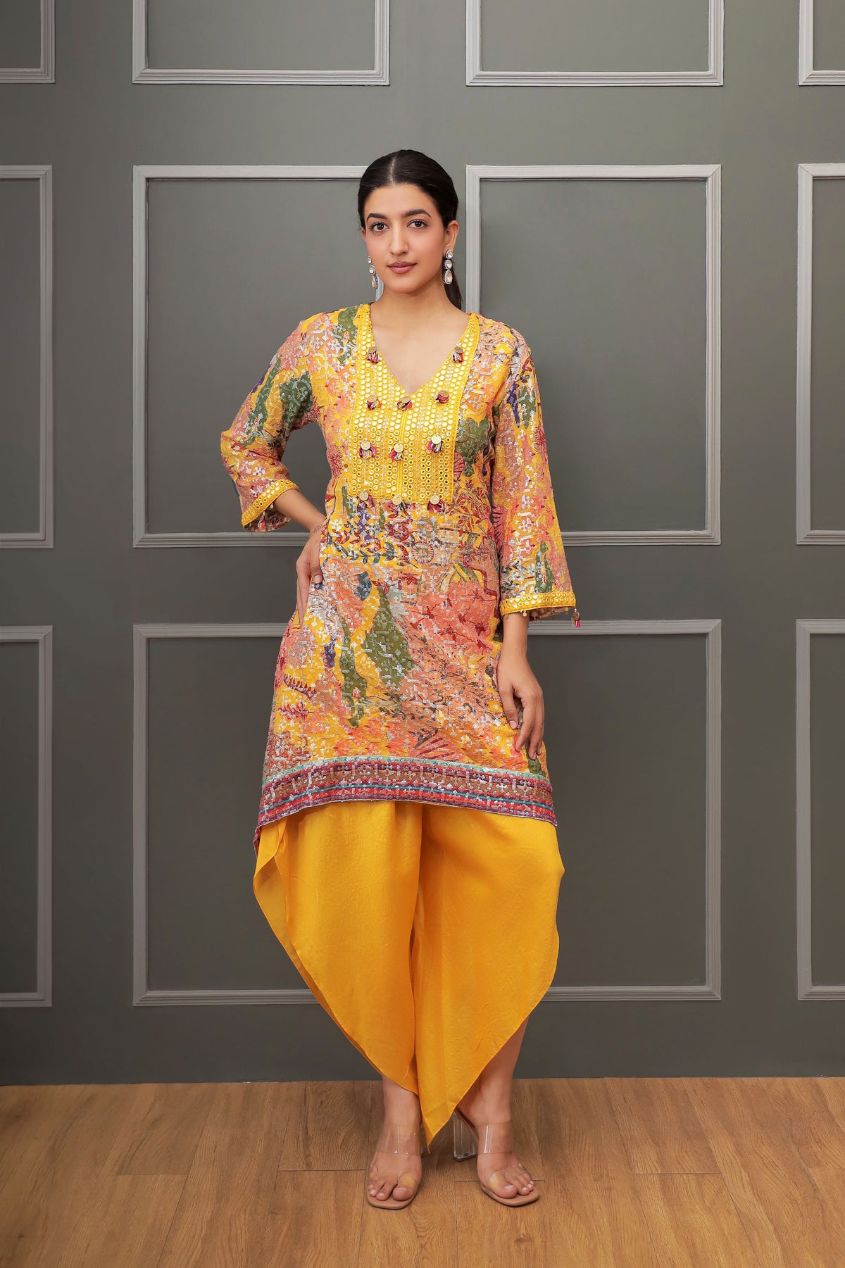 Embellished Yellow Georgette Kurta Set with Frilled Yoke & Statement Pants