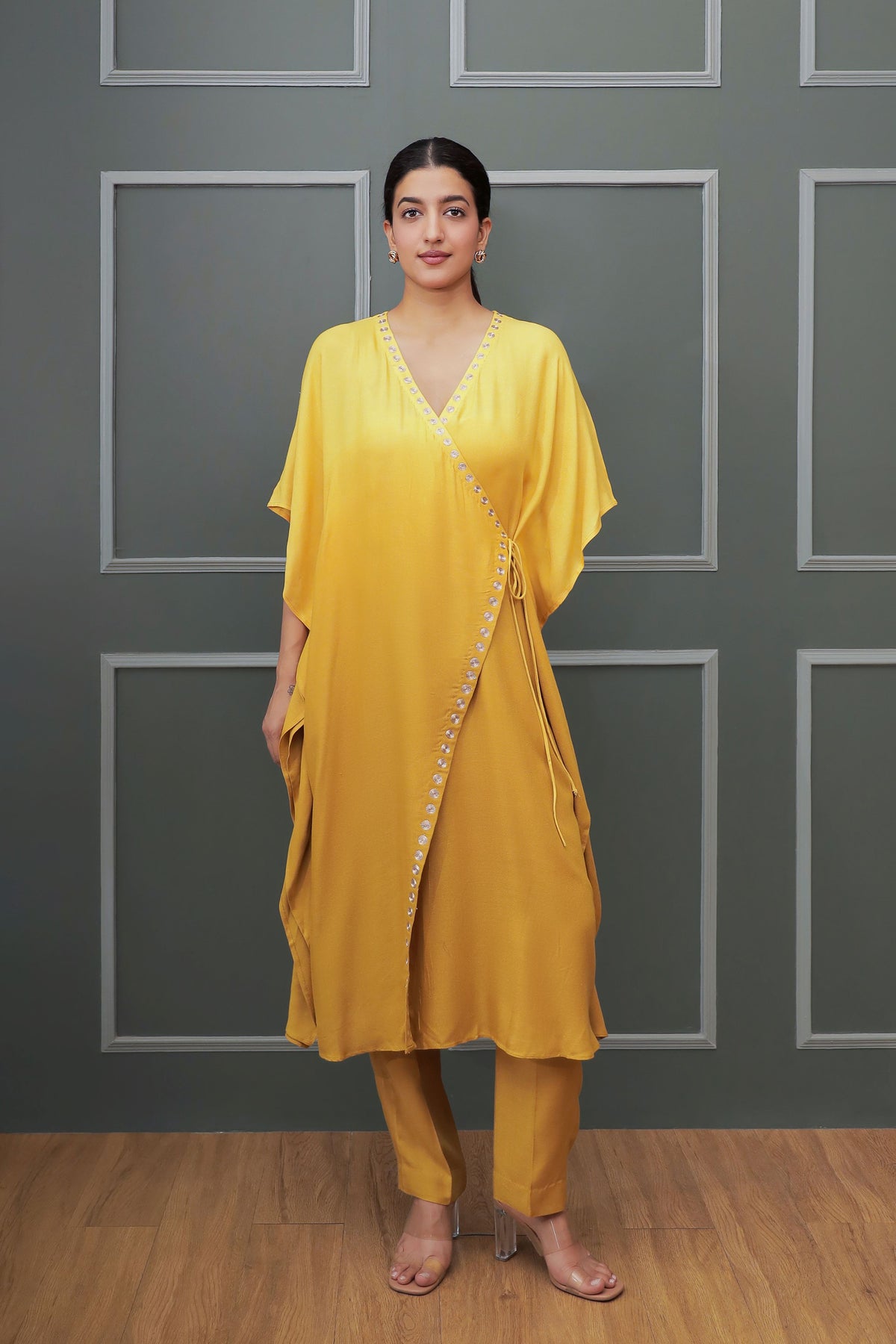 Mustard Yellow Ombre Linen Kurta Set with Dori Embroidery & Wrap Design