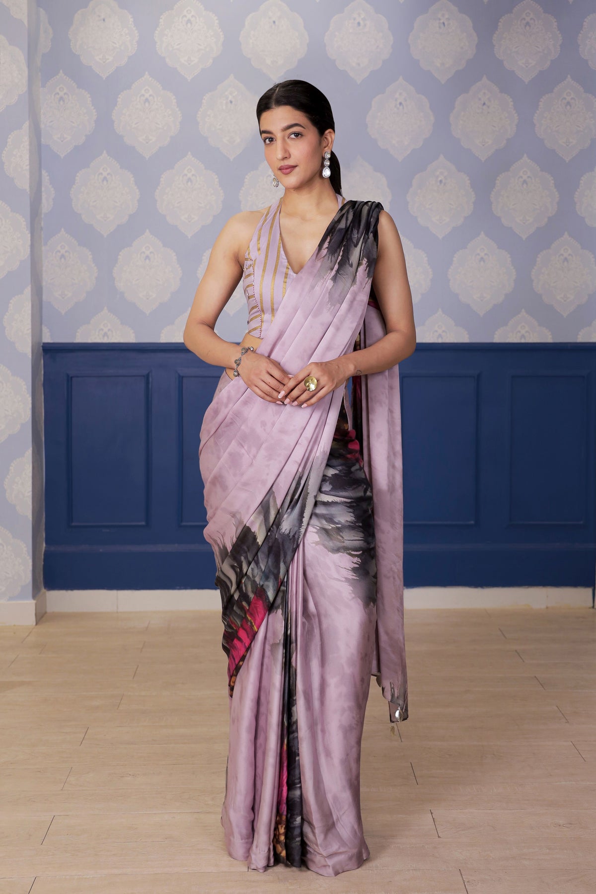 Sunflower Printed Satin Saree with Lilac Chanderi Foil Blouse