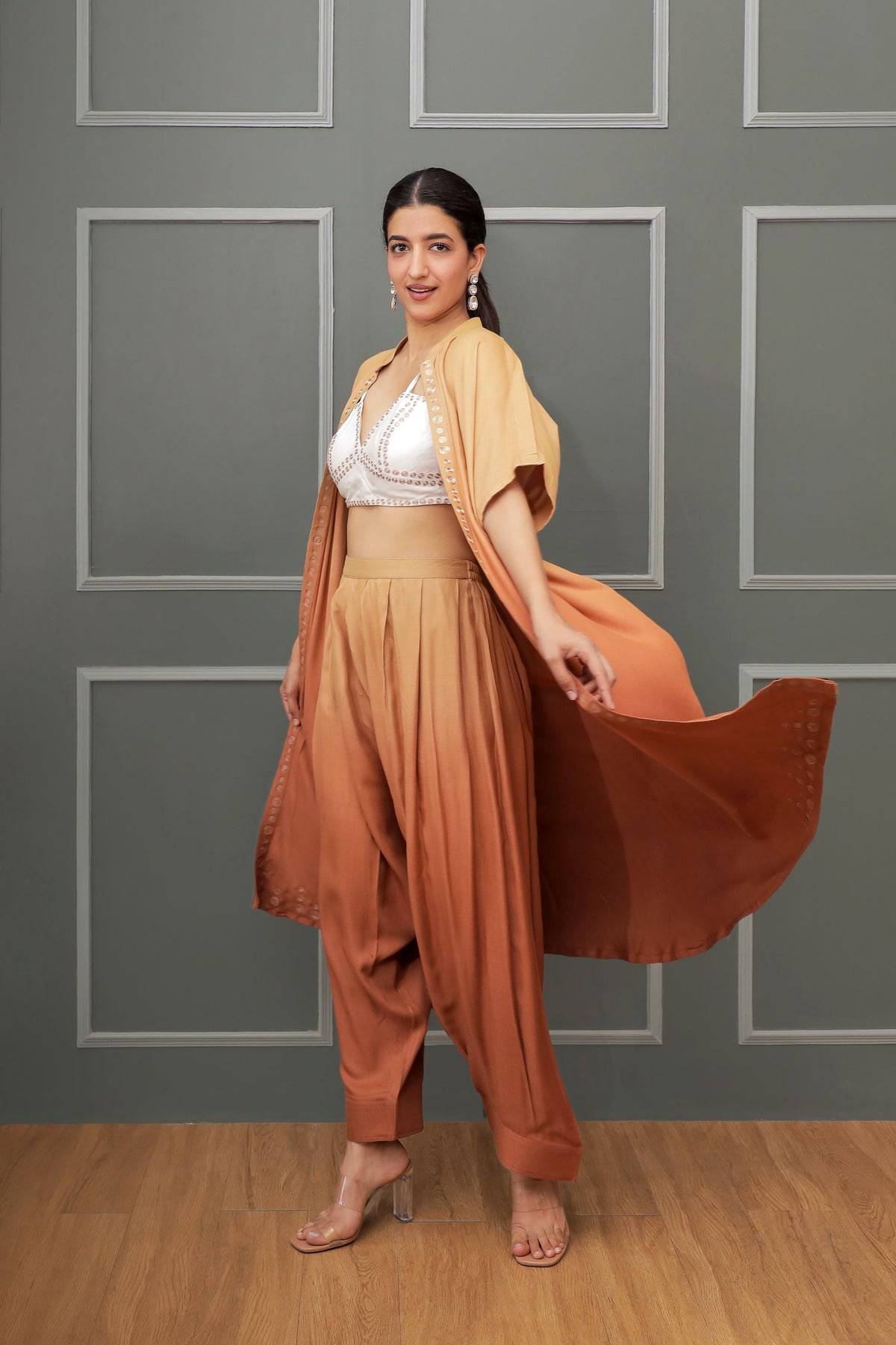 Brown Ombre Linen Co-Ord Set with Embroidered Bustier & Shrug