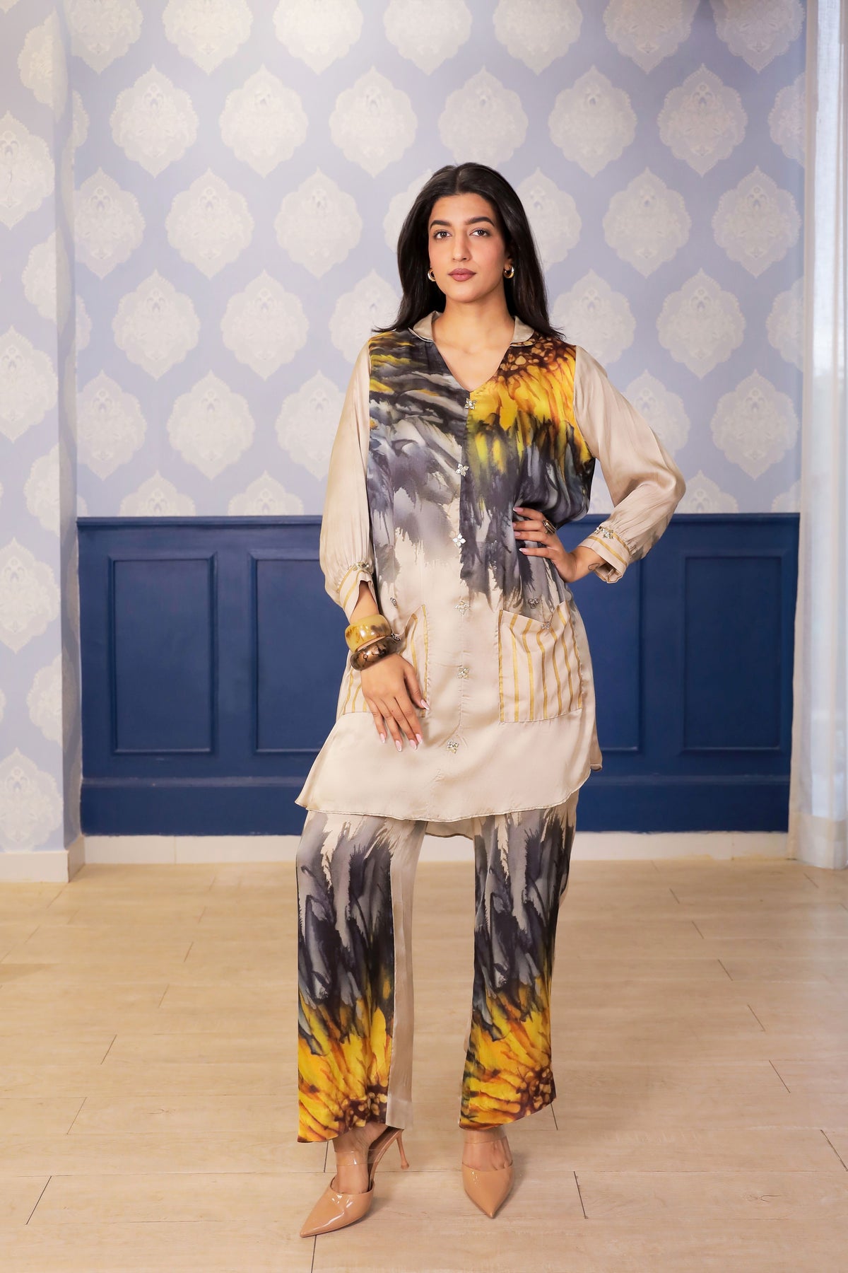 Beige Sunflower Print Satin Co-ord Set with Chanderi Foil Pocket Detailing