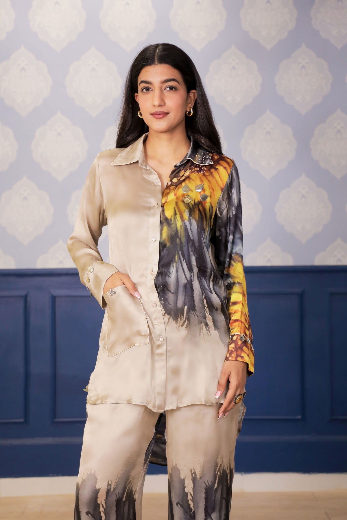 Beige Sunflower Print Satin Co-ord Set with Metallic Button & Bead Detailing