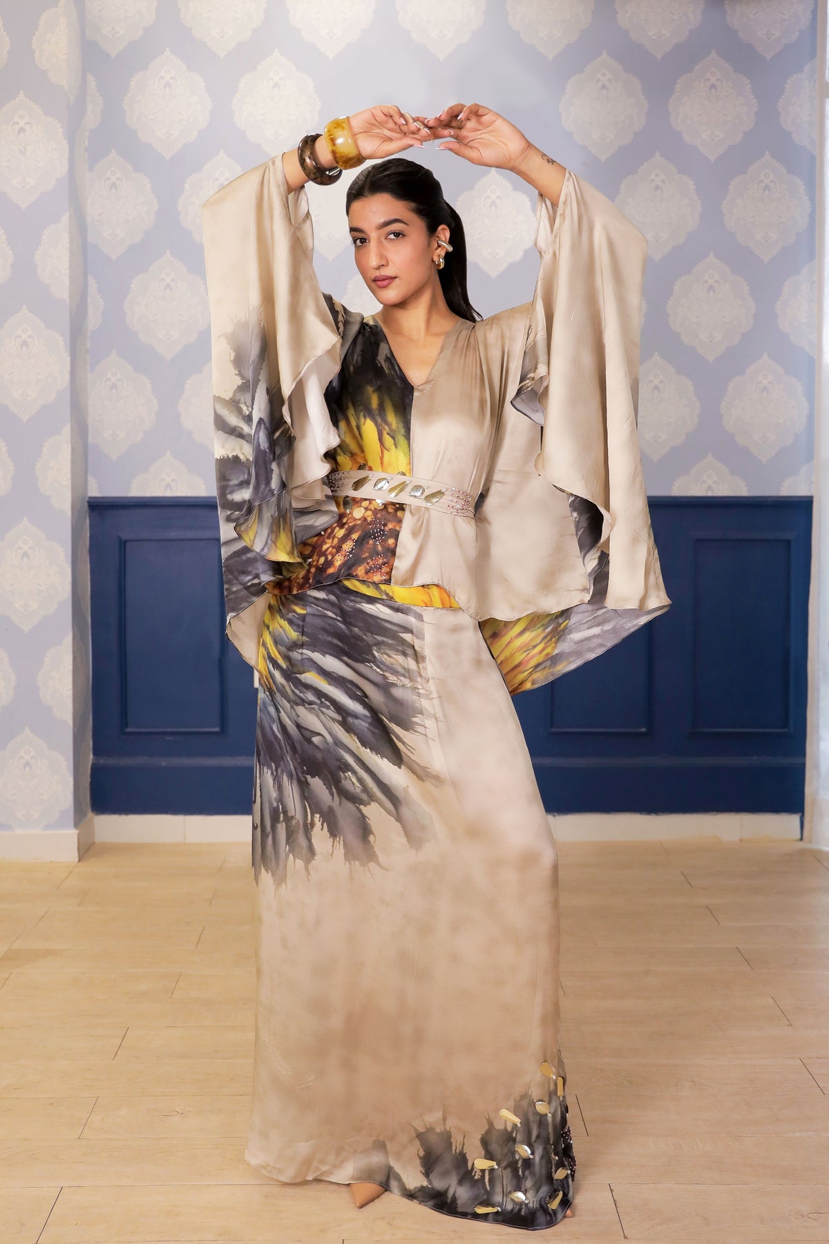 Beige Sunflower Print Satin Skirt Set with Embellished Belt & Asymmetric Kimono Blouse