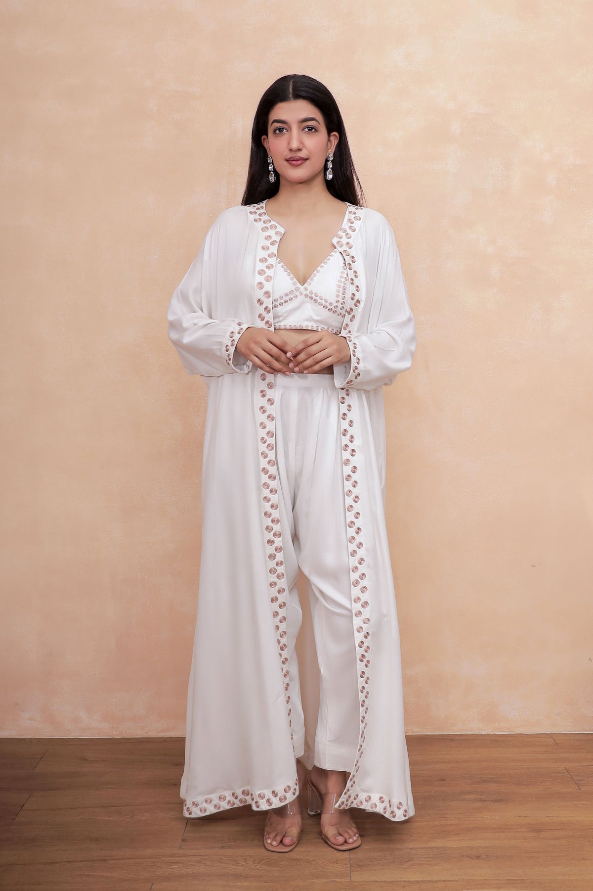 Ivory Linen Co-Ord Set with Embroidered Bustier & Open Shrug