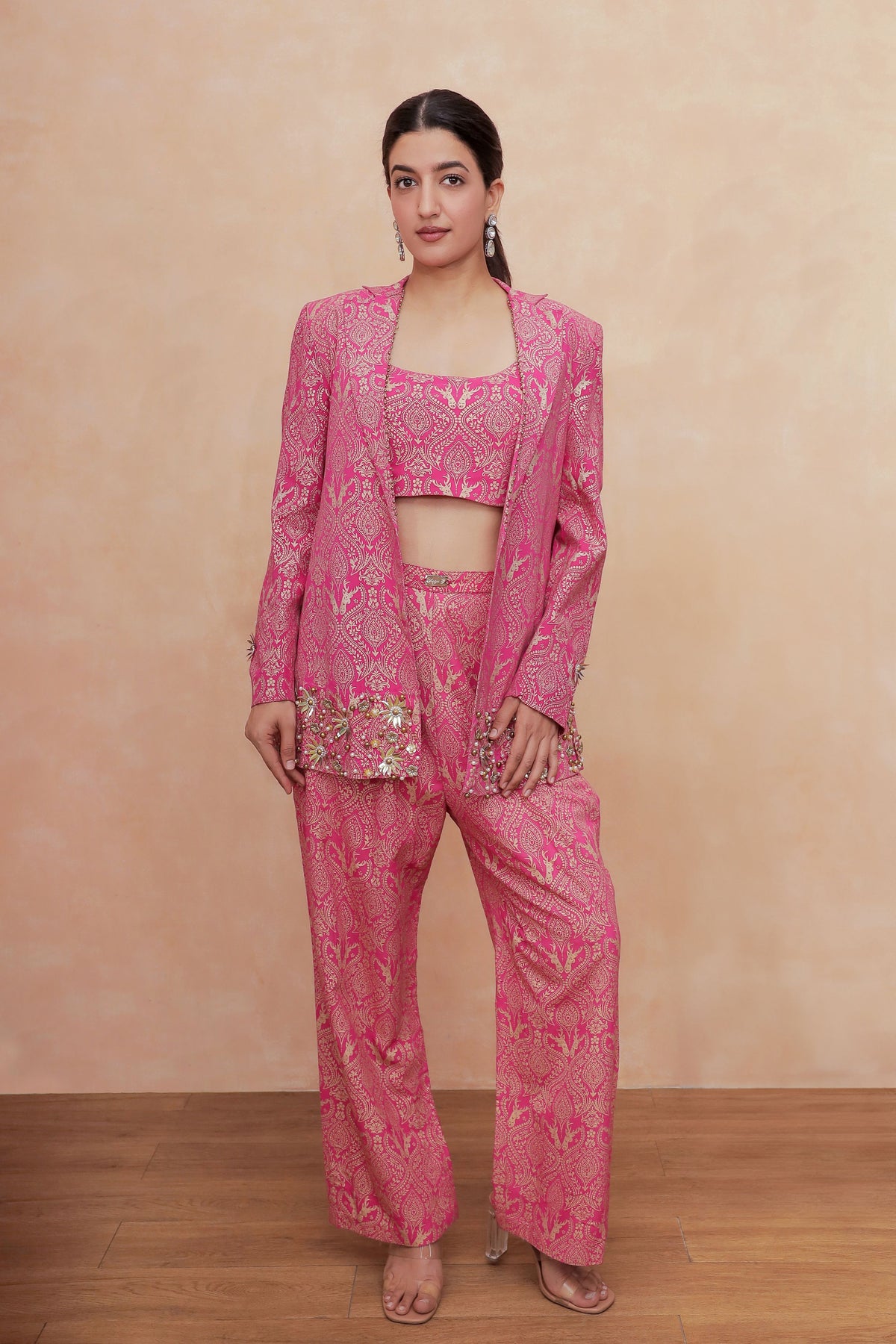 Bold Pink Georgette Co-ord Set with Embroidered Border & Sequin Work