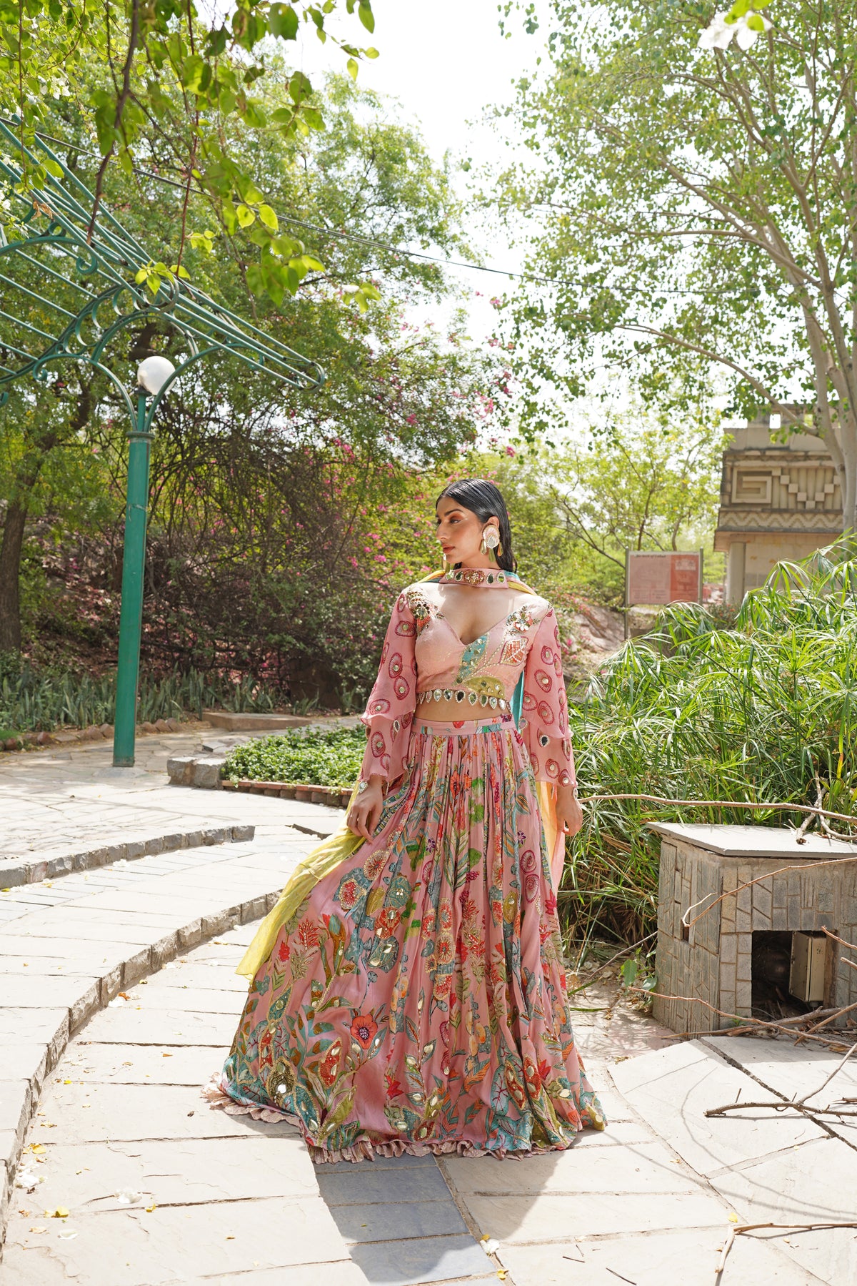 Blush Pink Lehenga Set with Mirror Embellished Blouse & Floral Applique