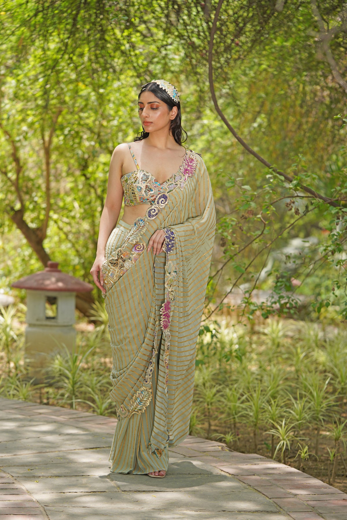 Sage Green Metallic Striped Saree with Embroidered Border & Blouse