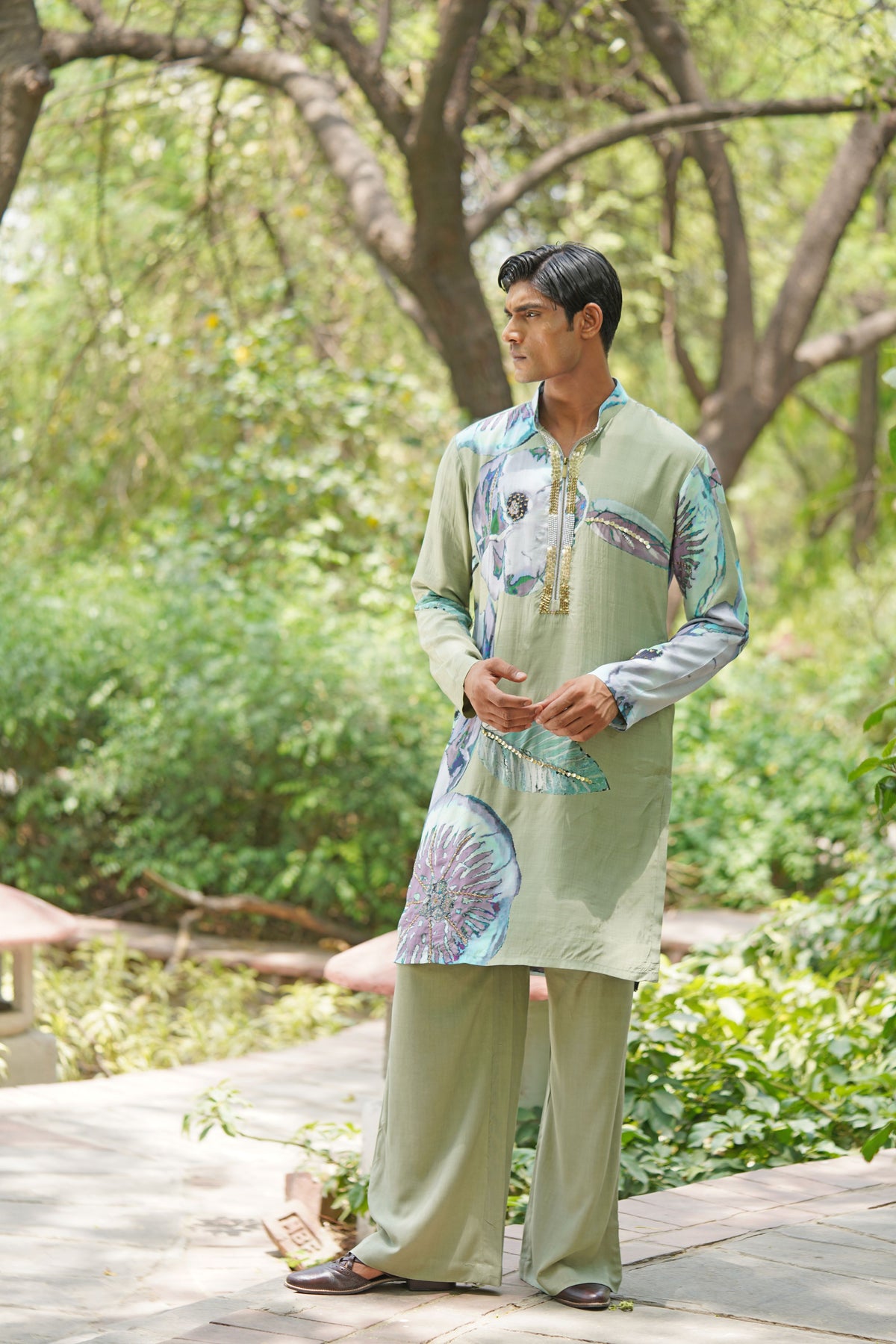 Sage Green Chanderi Kurta Set with Hand-Painted Floral Motifs & Sequin Embellishments