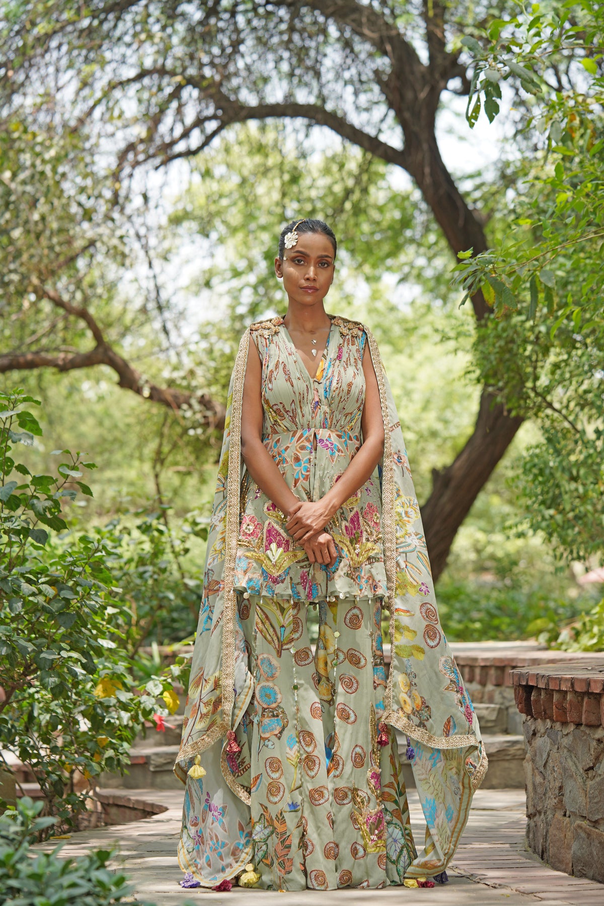 Sky Blue Cape-Style Palazzo Set with Embroidered Drapes