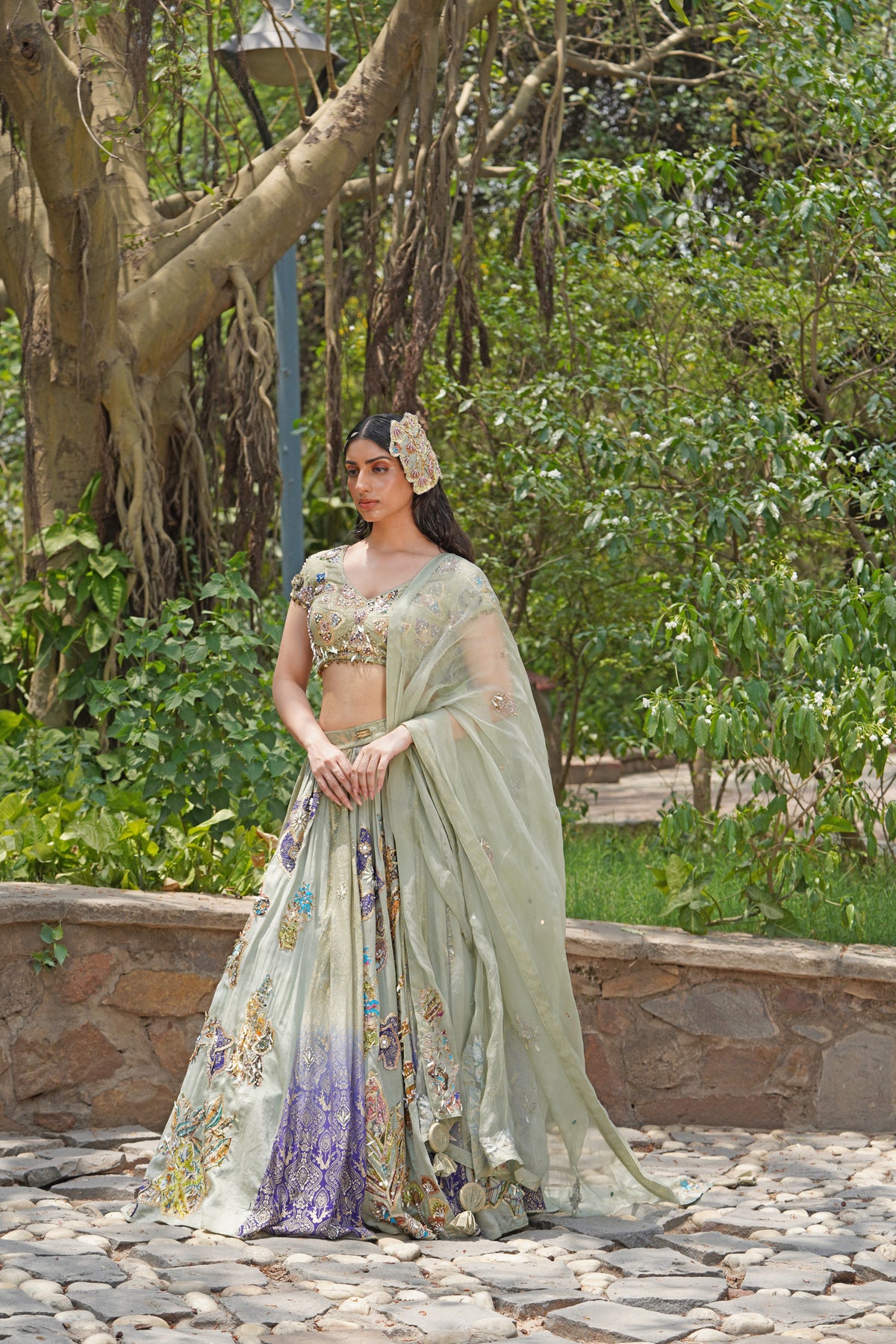 Icy Pastel Blue Crepe Silk Lehenga Set with Multicolor Thread Embroidery