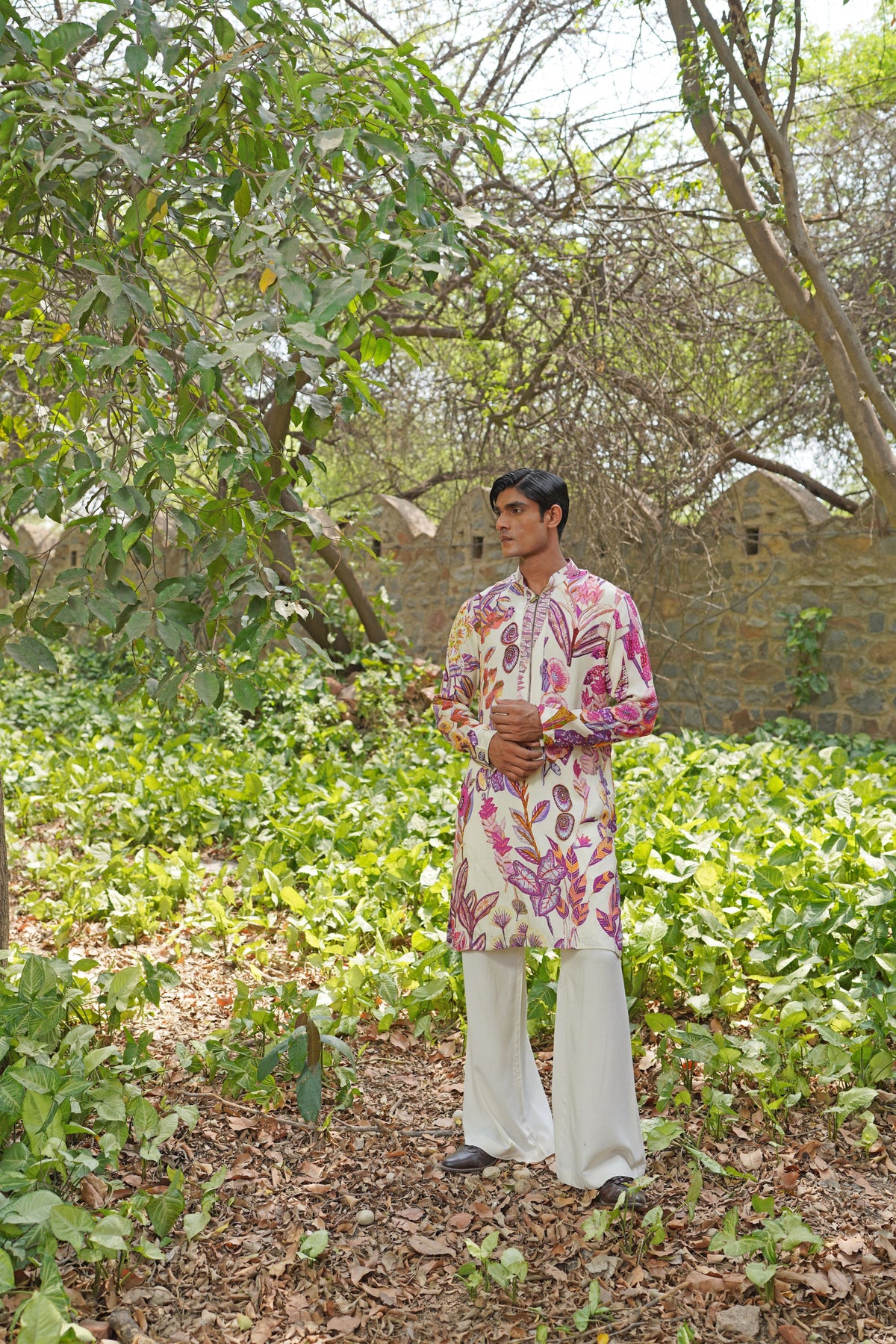 Ivory Kurta Set with Multicolour Botanical Embroidery & Mirror Work