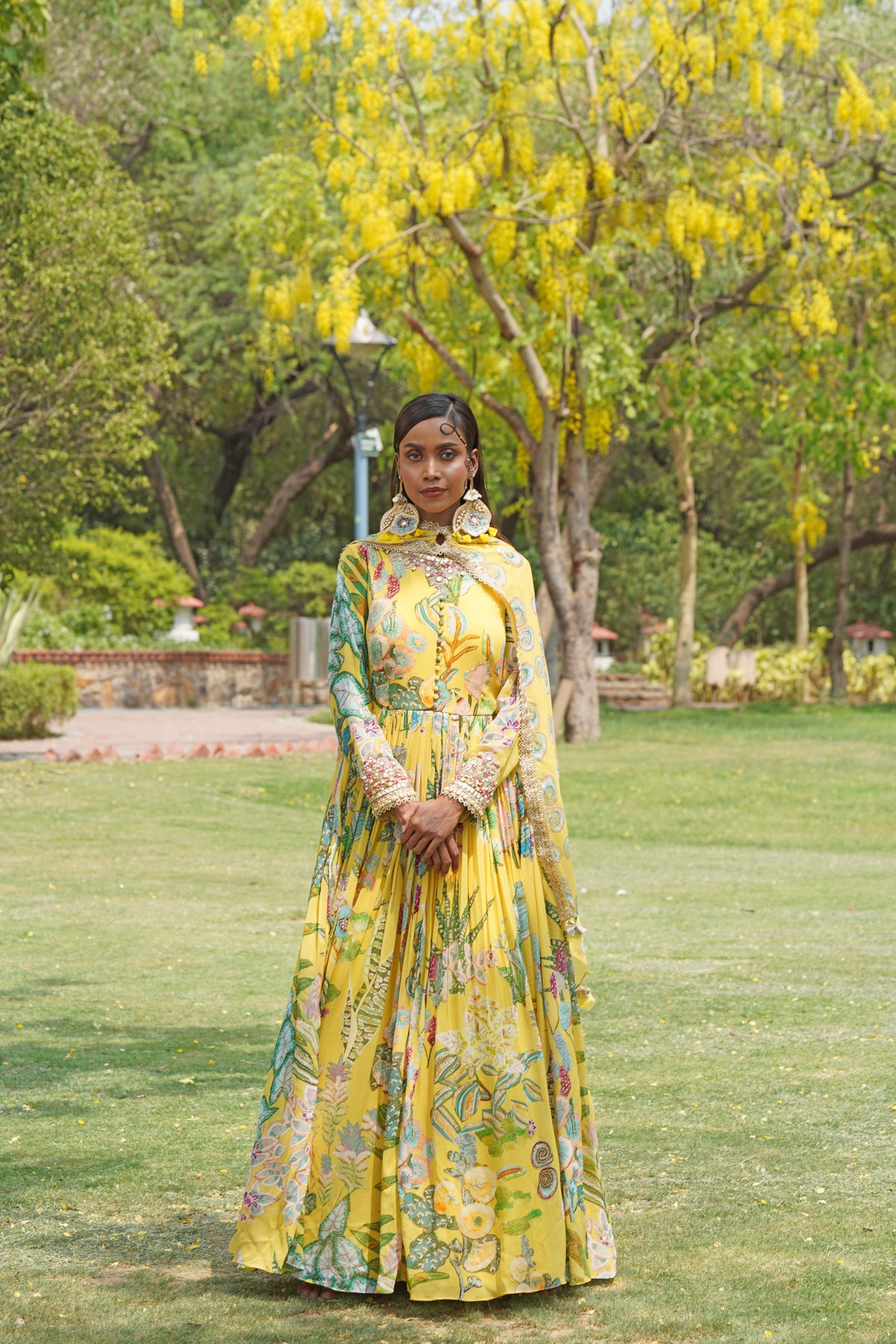 Yellow Anarkali Gown with Printed Dupatta & Crystal Embellished Cuffs