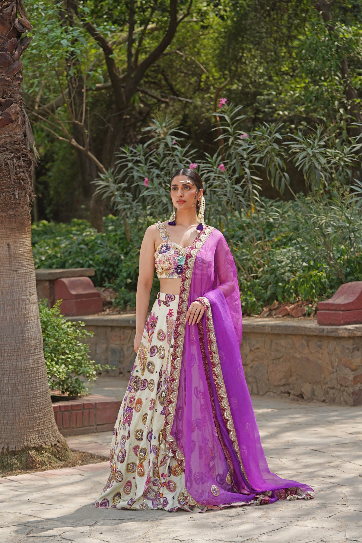 Ivory Satin-Organza Lehenga Set with Colourful Border Detailing