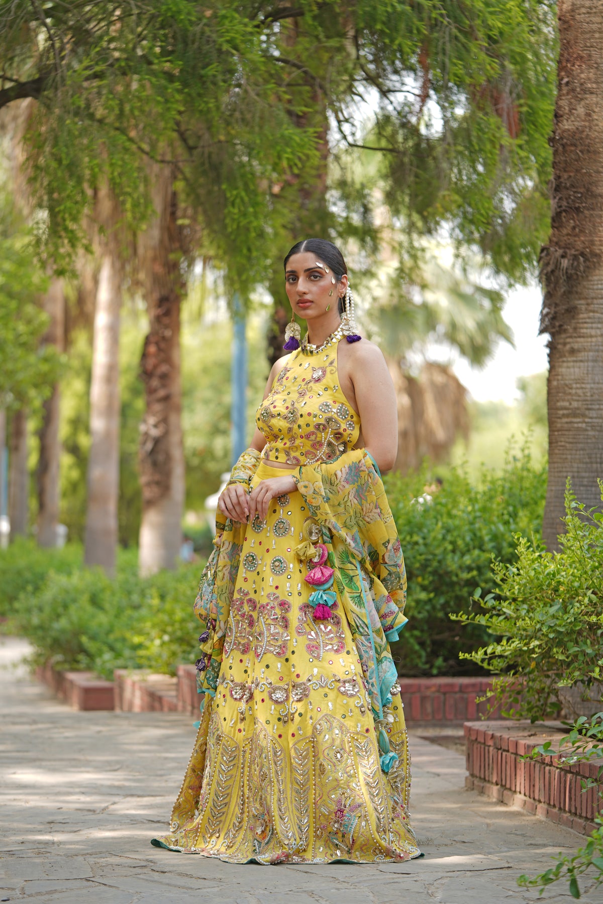 Embroidered Yellow Lehenga-Choli Set with Tassel-Trimmed Floral Dupatta