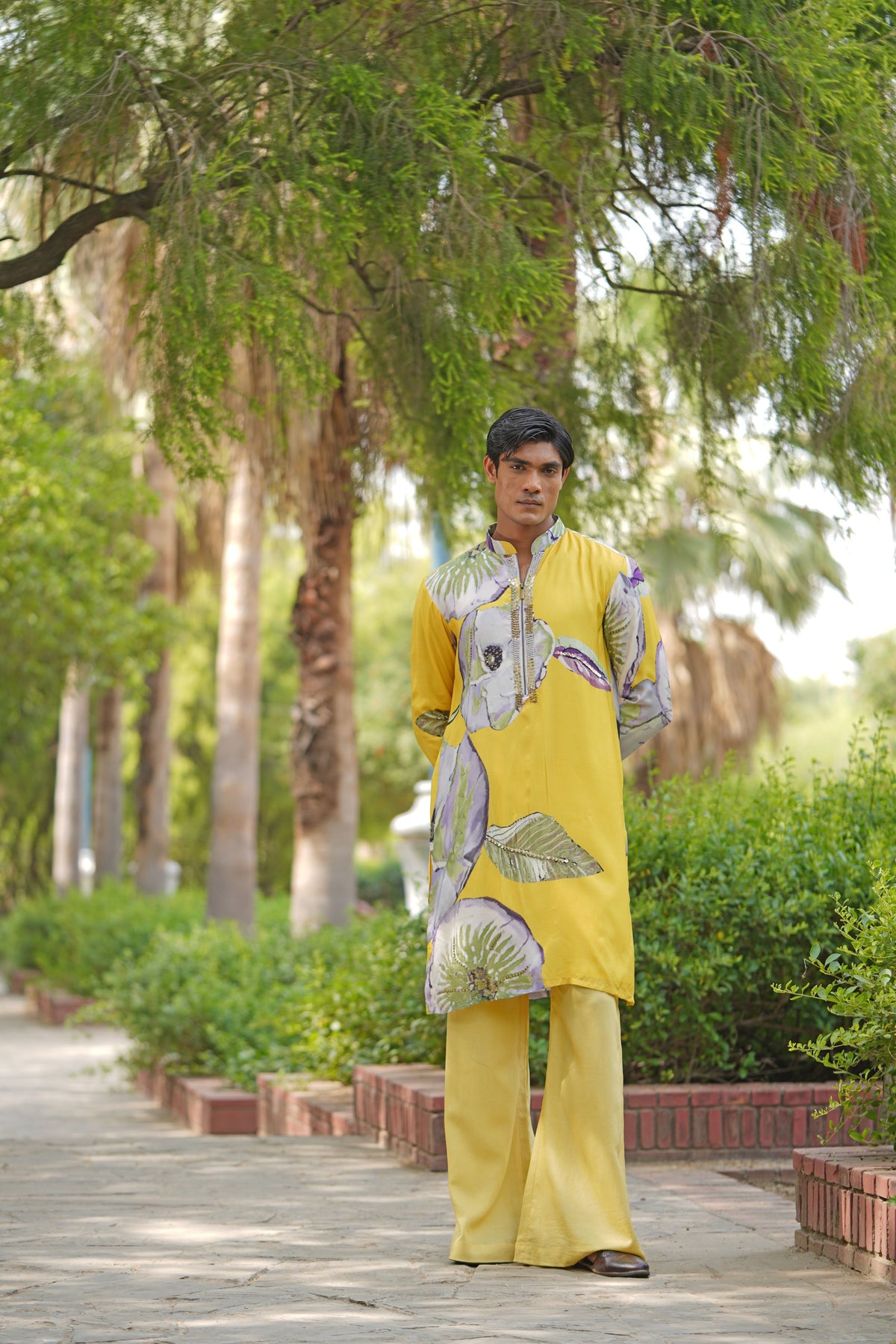 Sunshine Yellow Satin Kurta Set with Floral Motifs, Beads & Mirror Embellishment