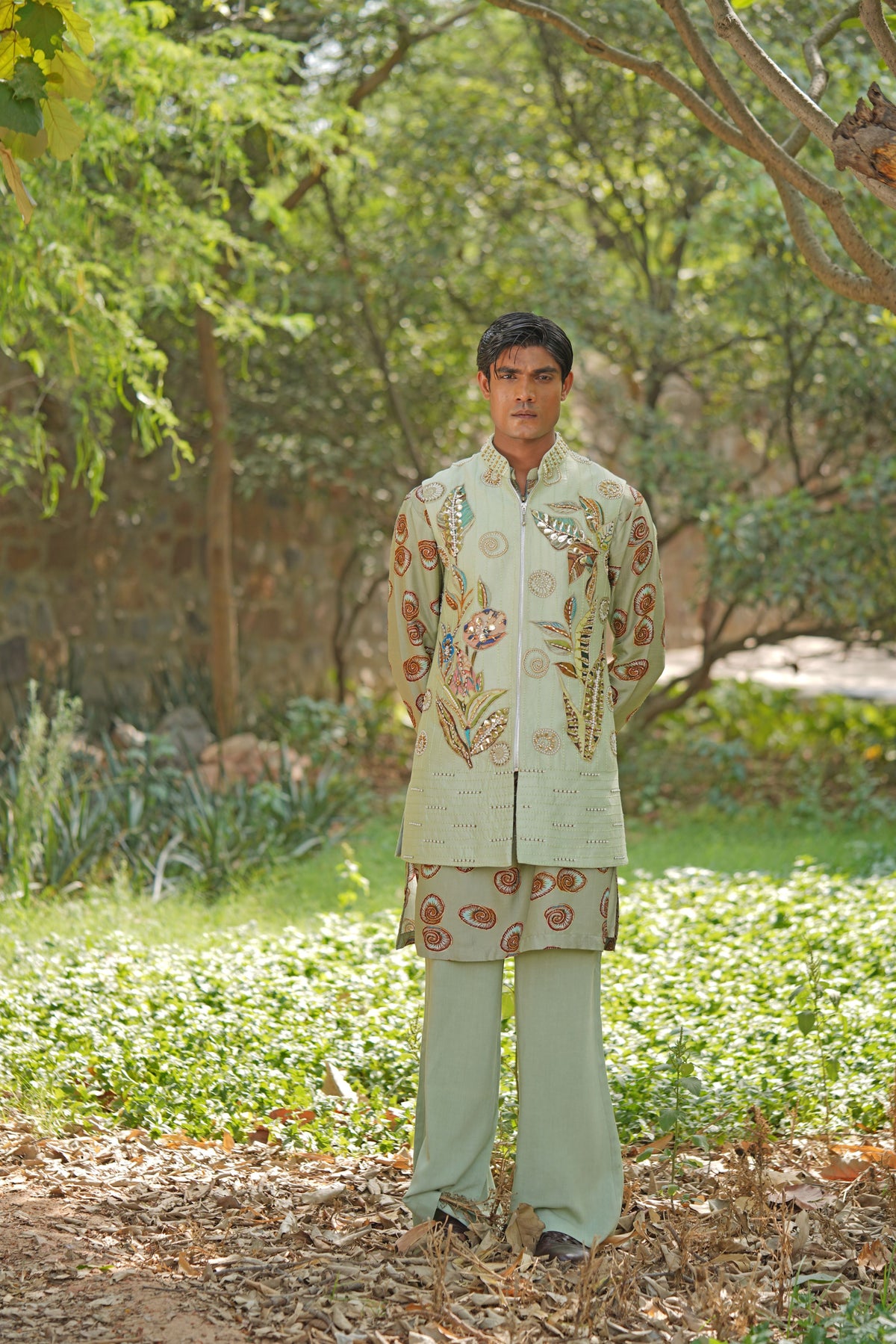 Baagh Ka Sher Sage Green Kurta Set with Embroidered Overlay & Paisley Print