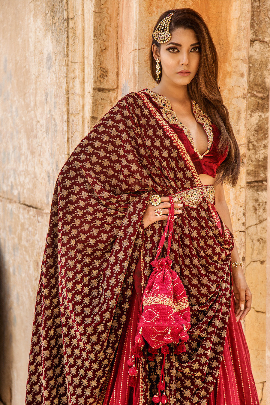 Lucknowi Chikankari Lehenga Matched With Velvet Blouse And Attched Duppatta And Potli