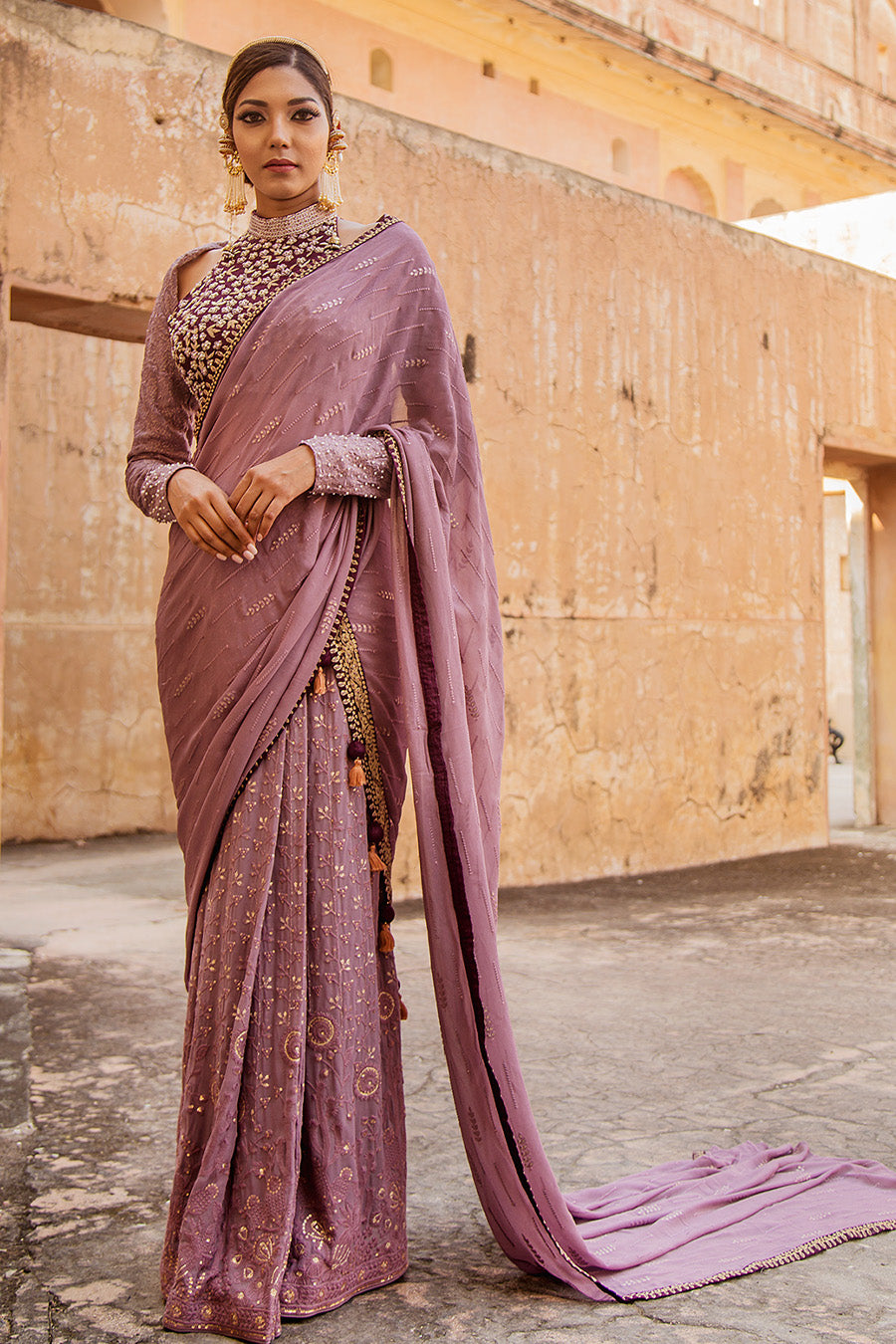 Lucknowi Chikamkari Saaree Matched With Front Embroidered Halter Neck Blouse