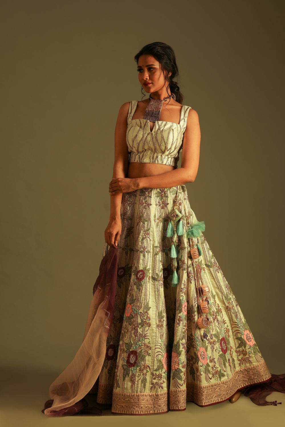 Fully Embroidered Off-White Silk Banarasi Lehenga Set