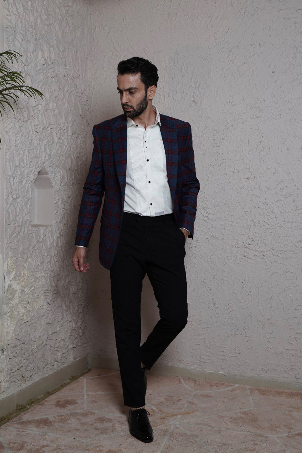 Navy Blue With Wine Check Blazer