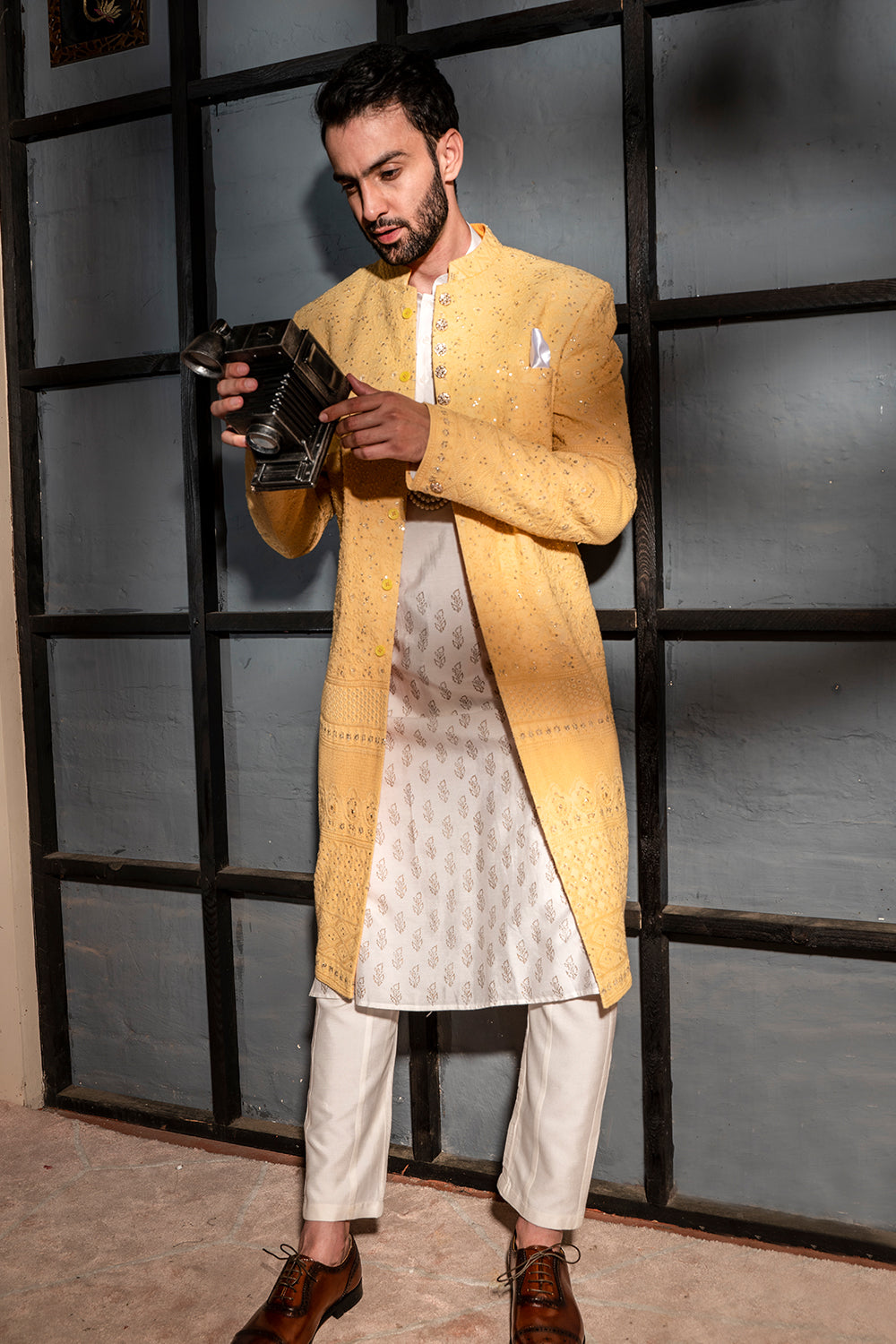 Lemon Yellow Indowestern With Matcing Shawl
