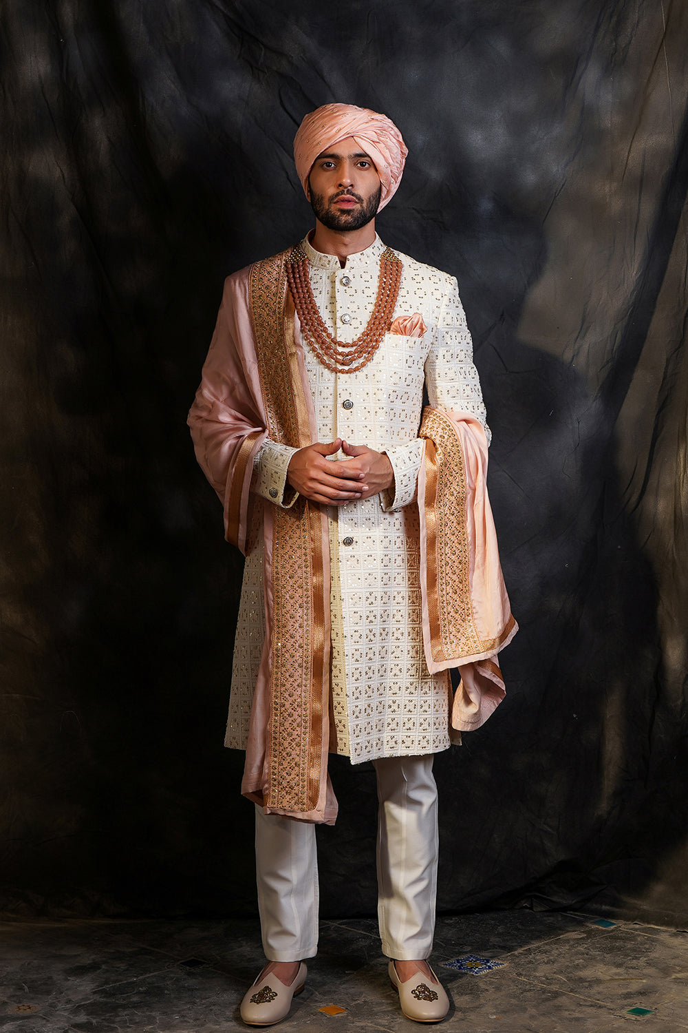 Offwhite Sherwani With Matcing Shawl , Mala And Hand Tied Safa