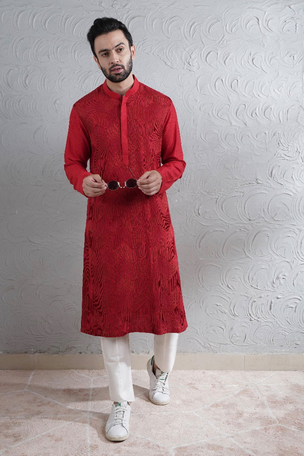 Cherry Red Pintex Kurta With Offwhite Pant