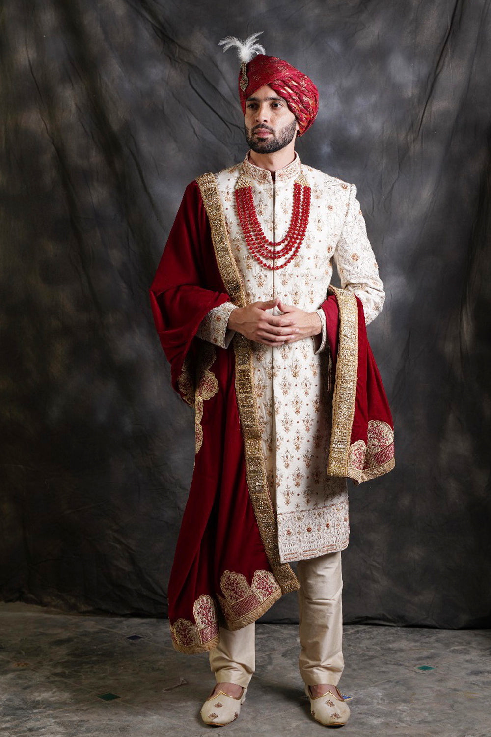 Offwhite Sherwani With Matcing Shawl , Mala And Hand Tied Safa