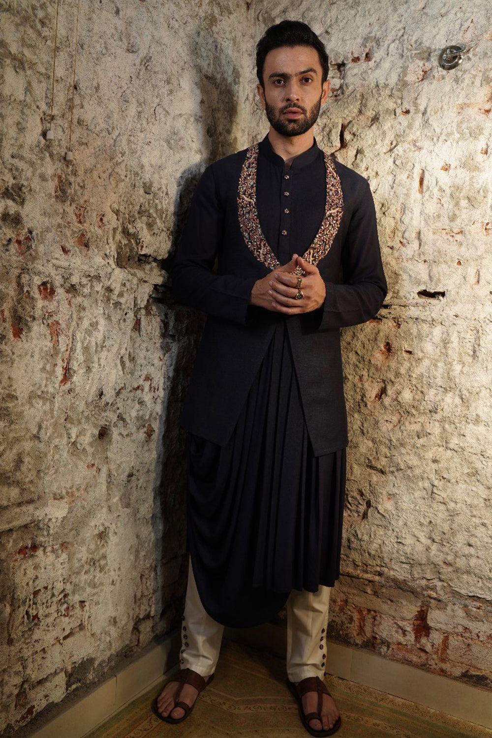 Long Jackets With Embroidery With Drape Kurta And Off White Box Pant