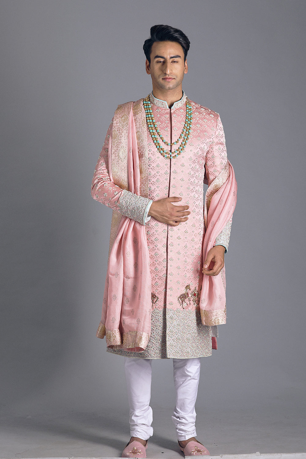 Powder Pink Embroidered Sherwani Set With Accessories