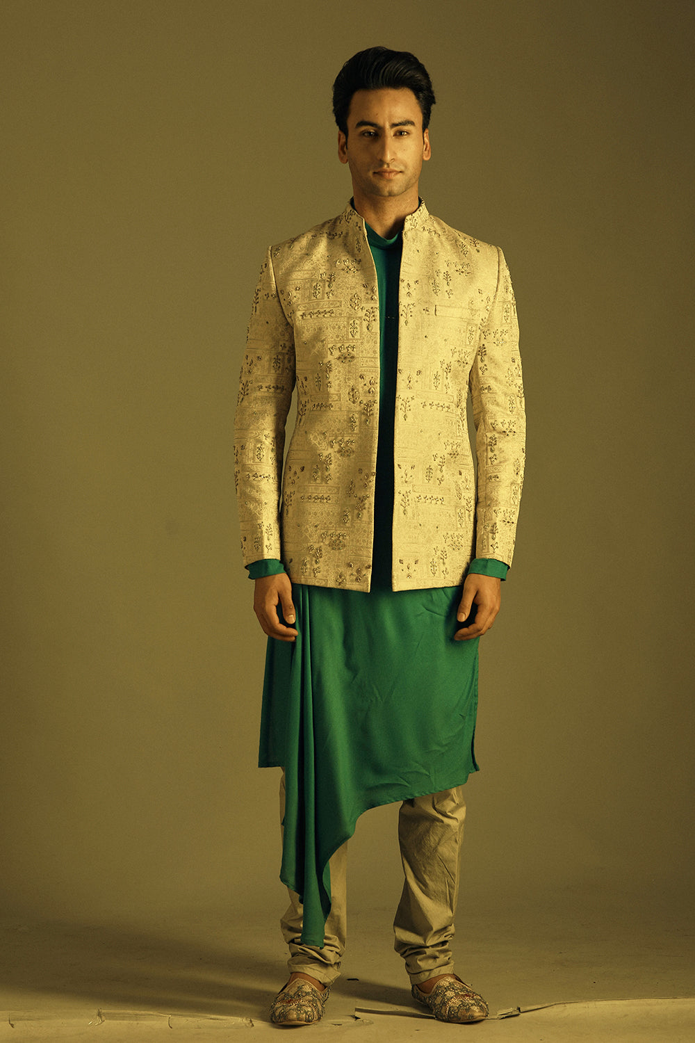 Beige Kurta Set With Embroidered Jacket